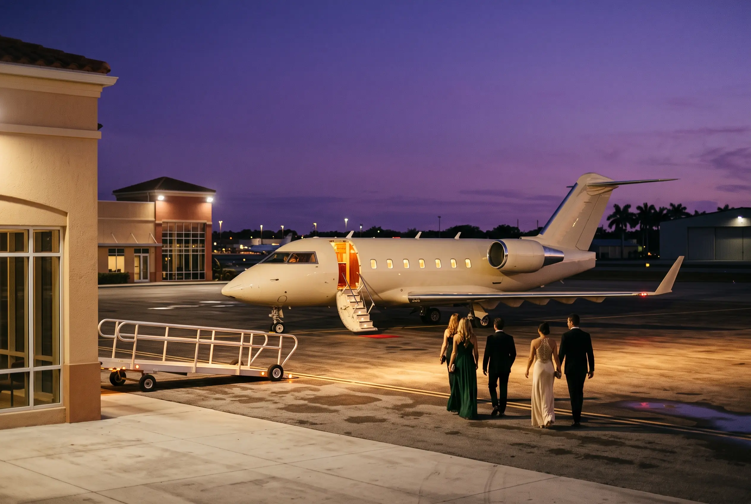 Hospitality & Events Guests in evening dress crossing the ramp toward a floodlit jet under a violet sky