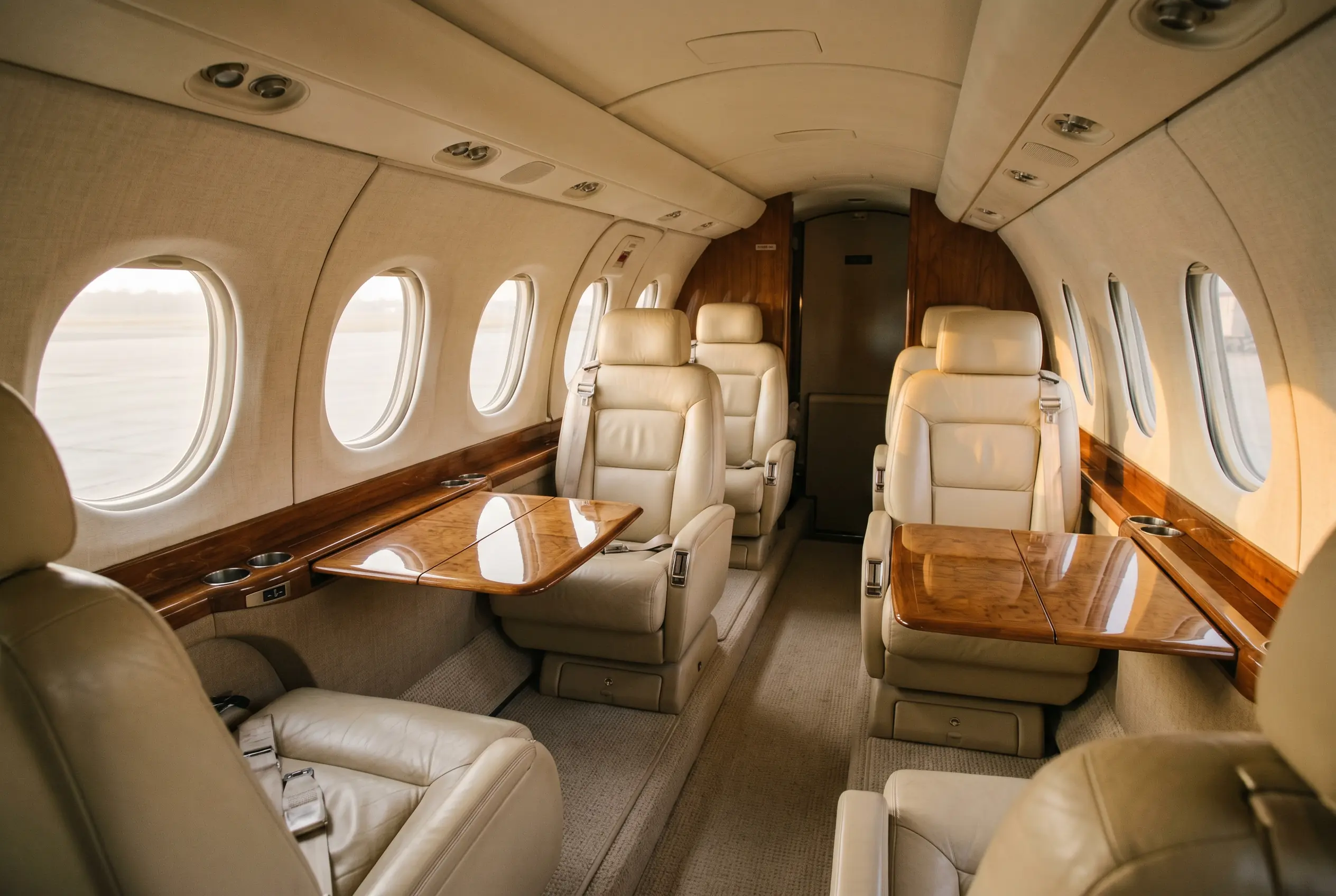 Twin-turboprop cabin with six deep leather seats facing across polished fold-out tables, afternoon light through oval windows