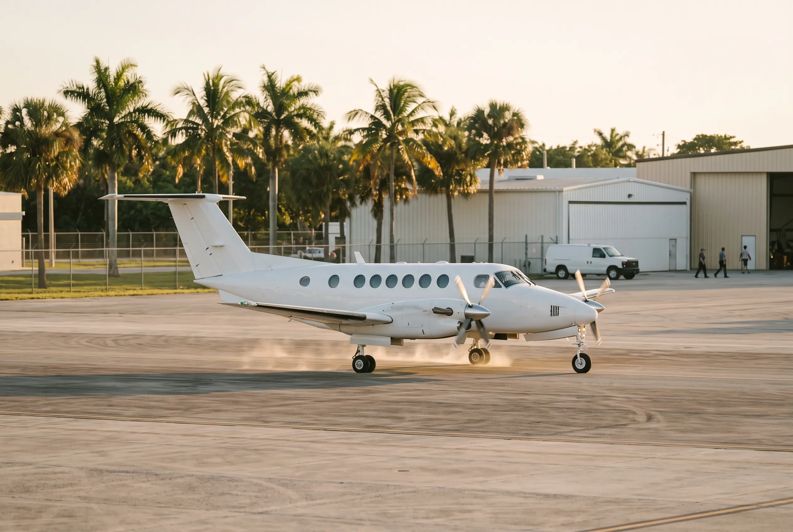 King Air 260 White twin-engine turboprop taxiing past palm trees with props turning, heat shimmer rising off the ramp