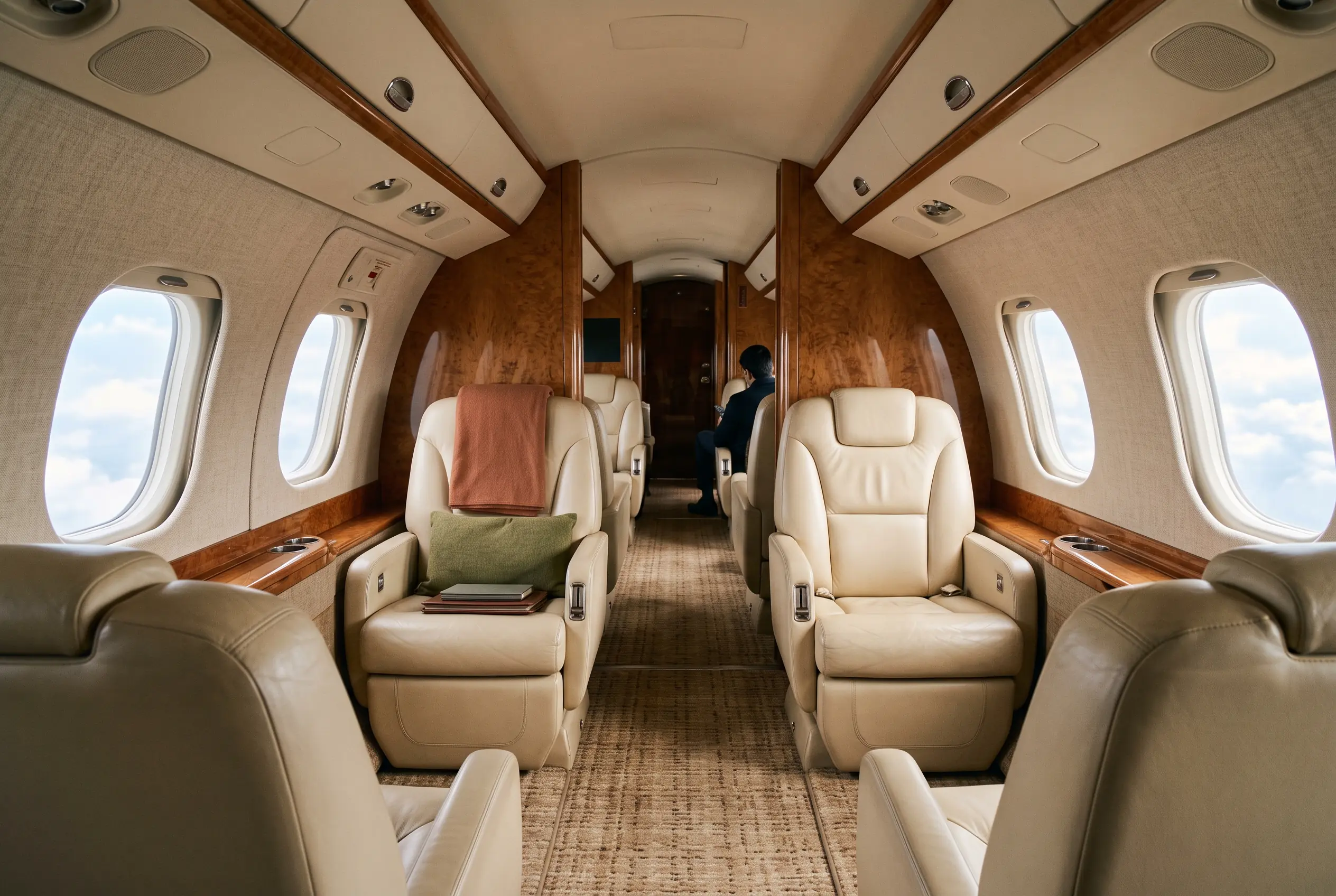 Long twin-turboprop cabin with eight facing leather club seats and a carpeted centre aisle stretching aft