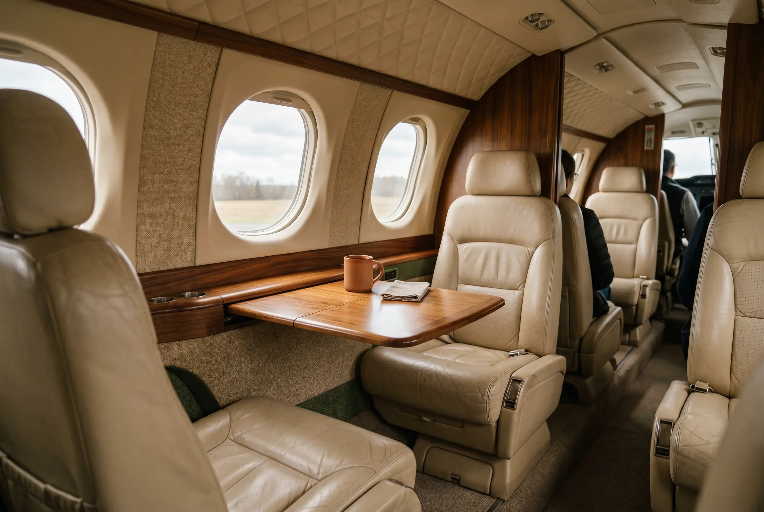 Intimate four-seat turboprop club cabin in soft beige leather, a folded wooden table catching window light