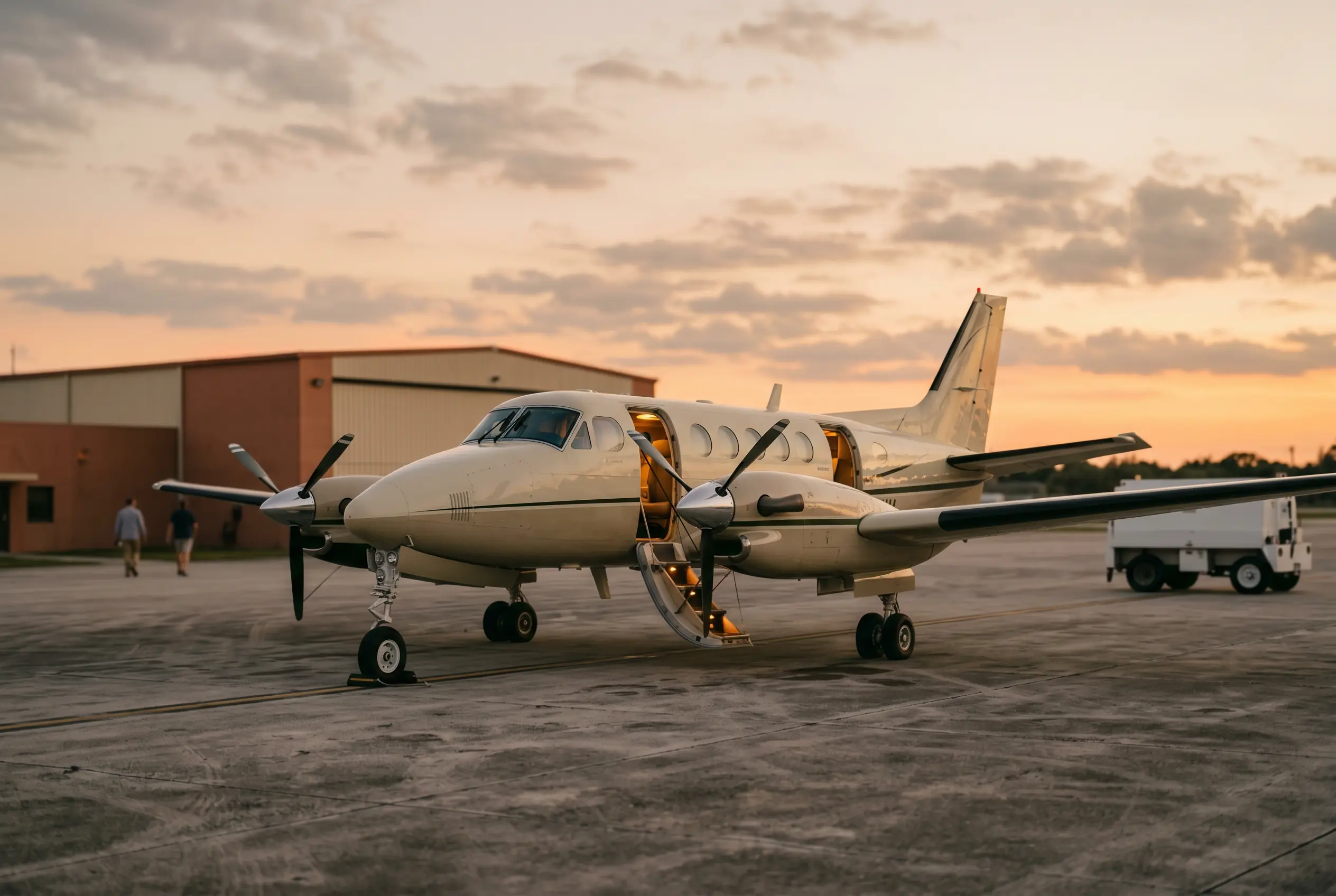 Compact twin-engine turboprop parked on a quiet ramp at dusk, cabin door open with steps extended