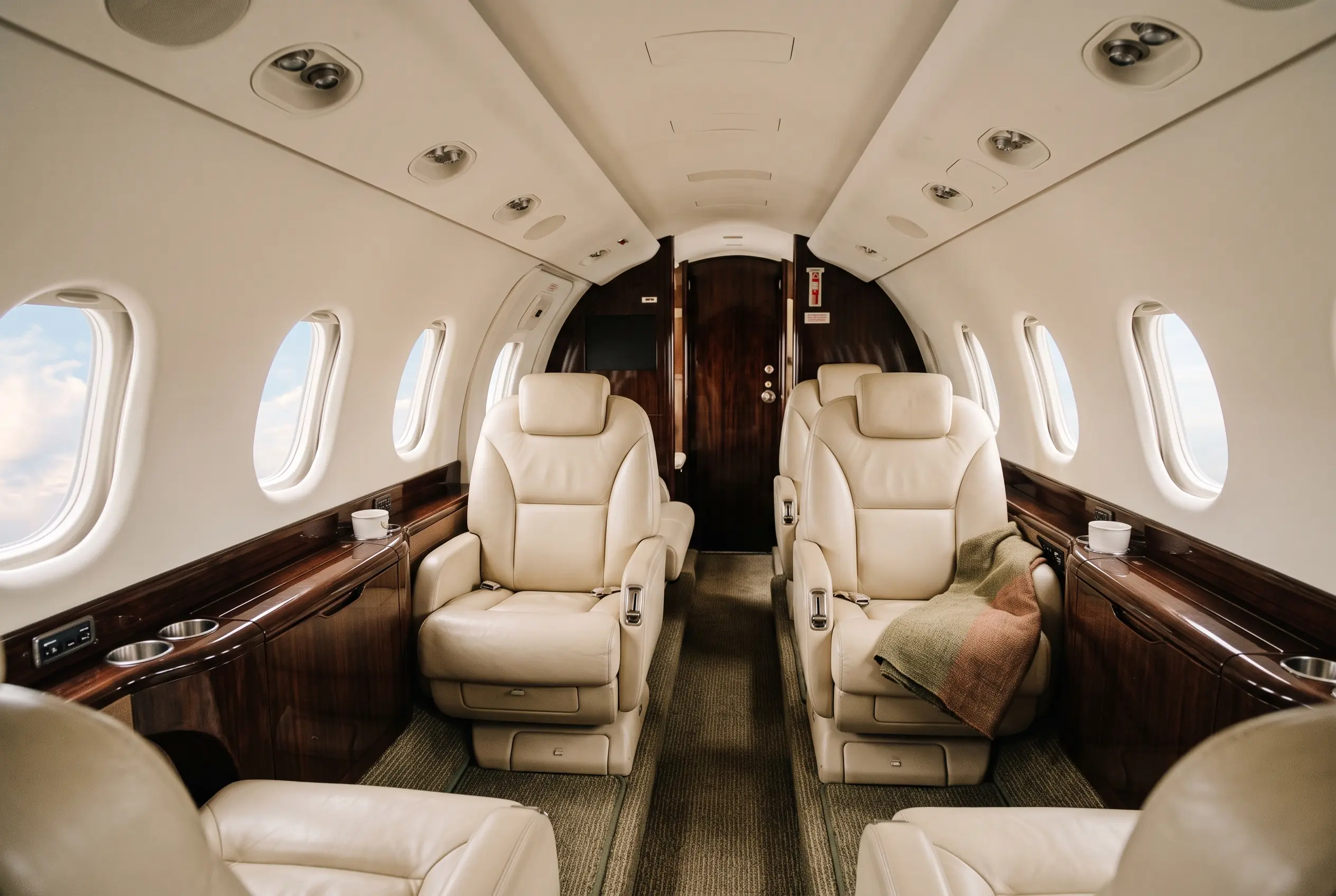 Learjet 60XR cabin in warm light, bone leather club seats and dark veneer ledges narrowing toward the aft lavatory