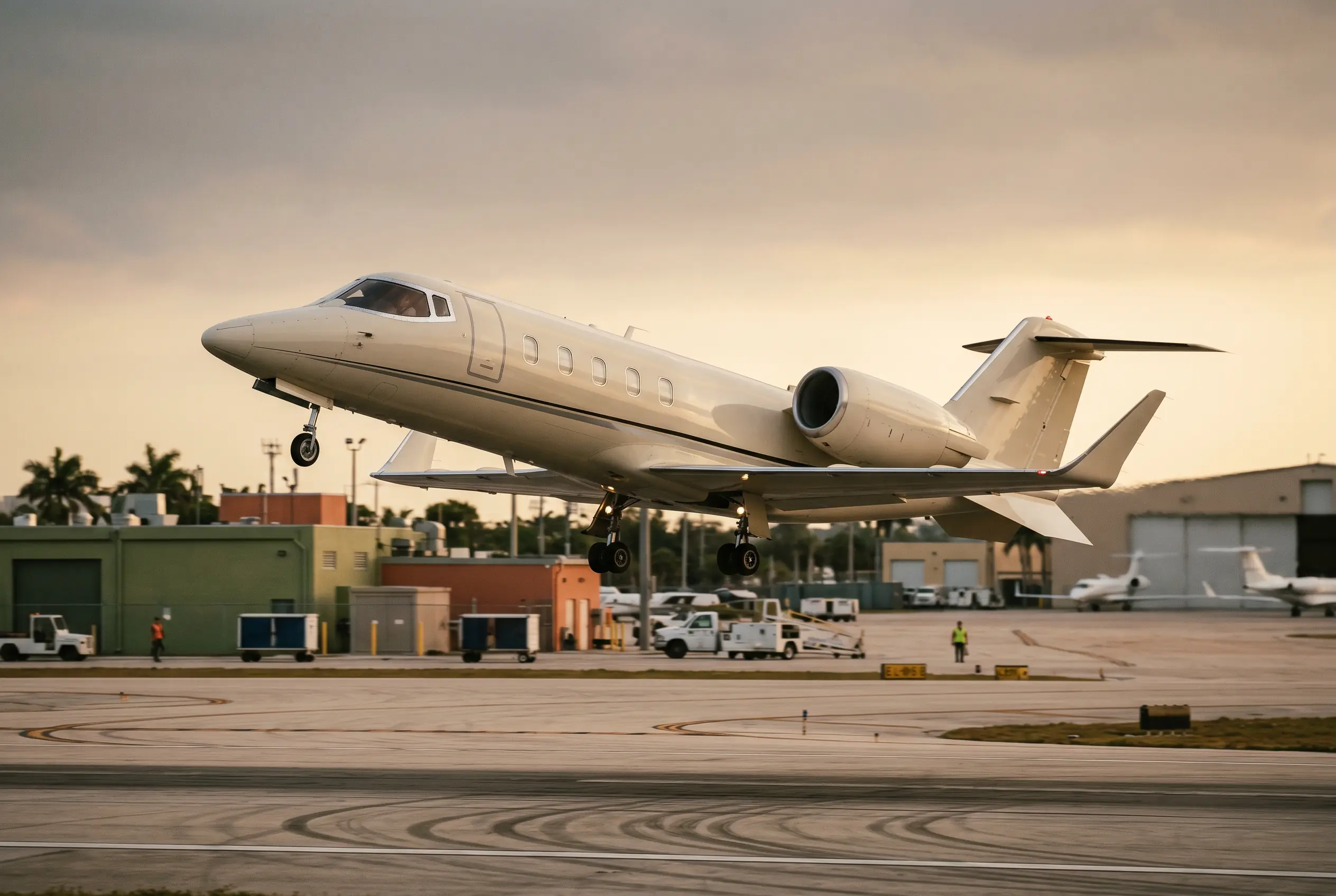 Learjet 60XR Learjet 60XR rotating steeply off a Florida runway at first light, delta fins sharp against the sky
