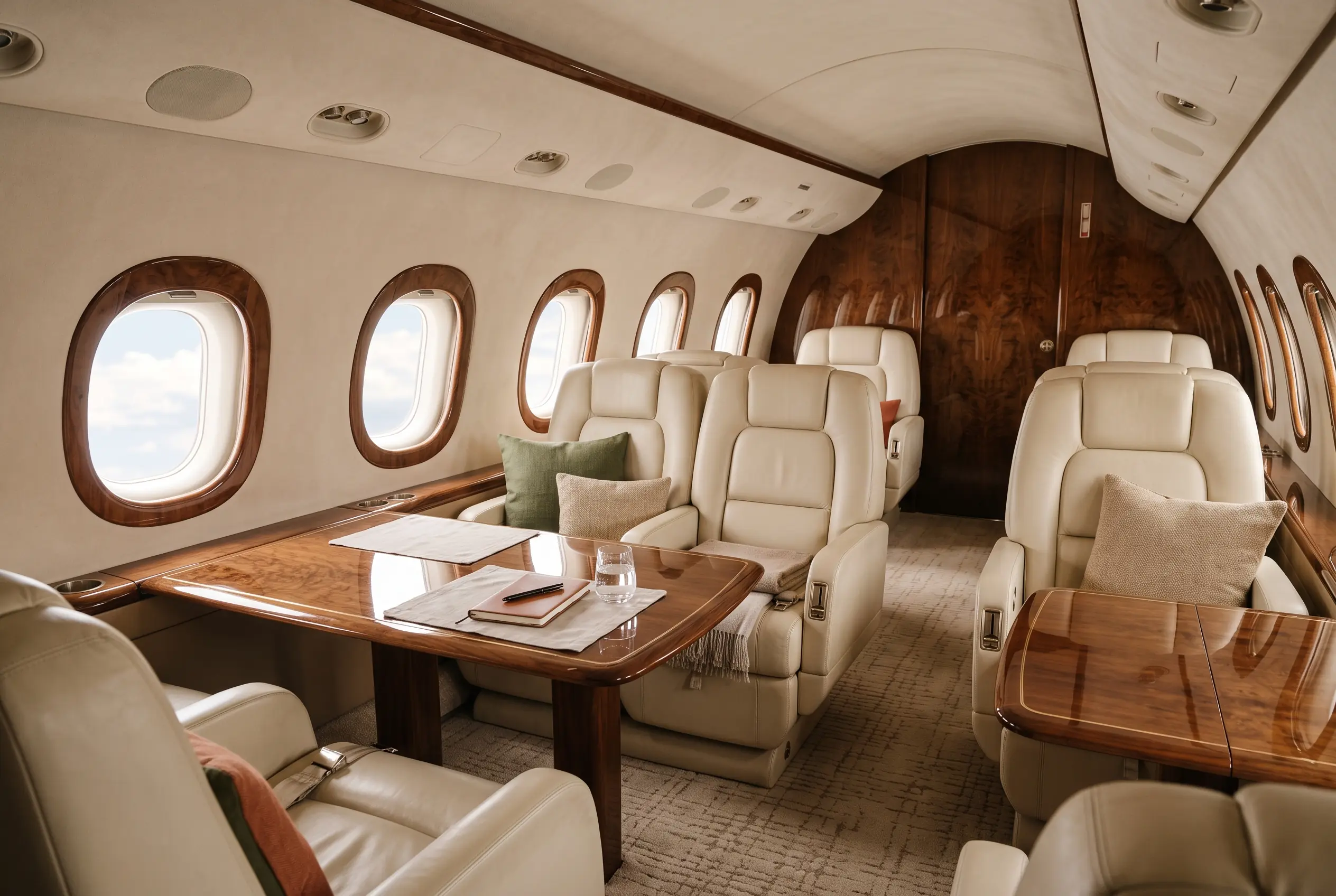 Double-club jet cabin with eight deep leather seats facing over glossy tables in soft light