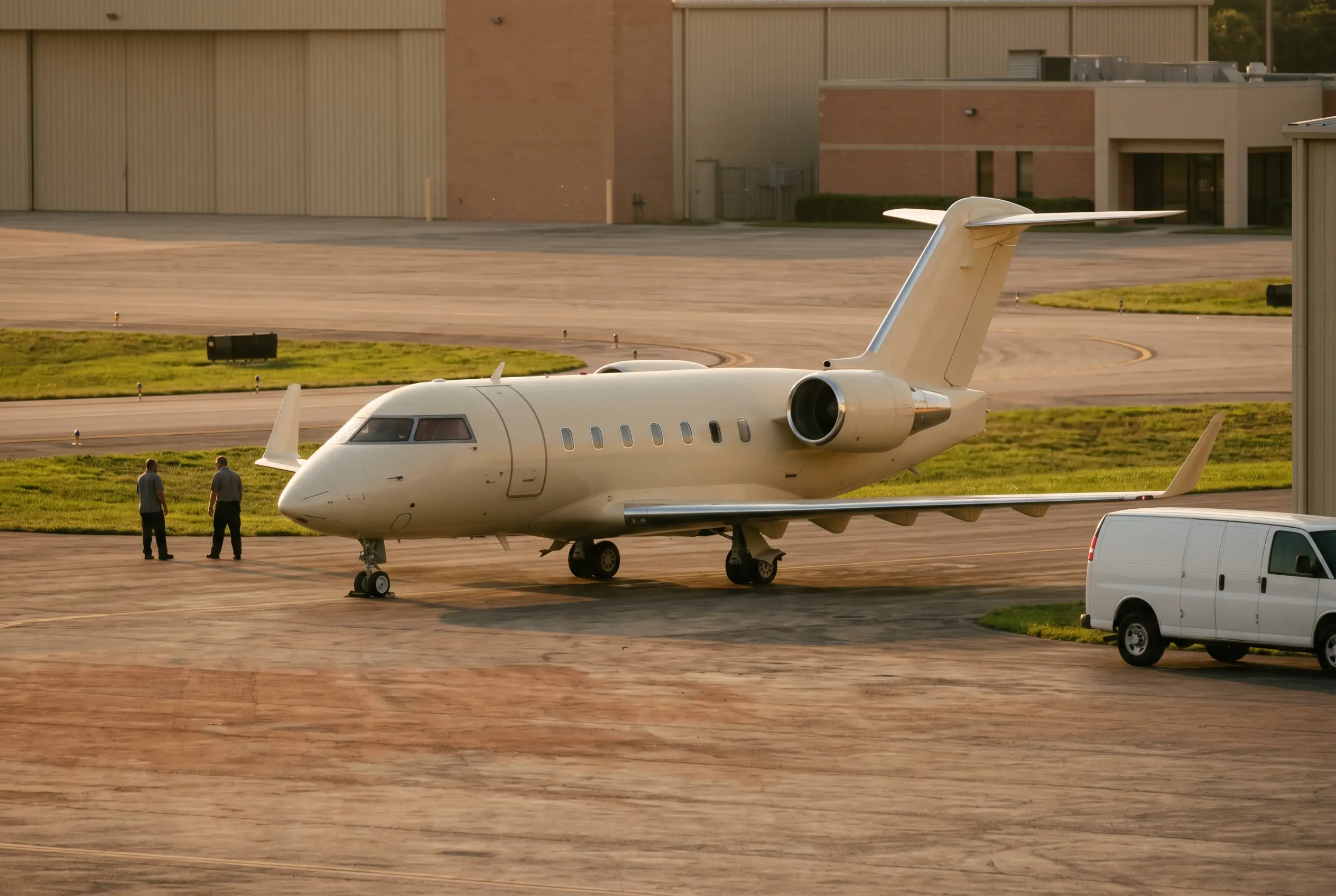 Learjet 75 Low-slung fast jet with upswept winglets catching the last sun on a quiet evening ramp