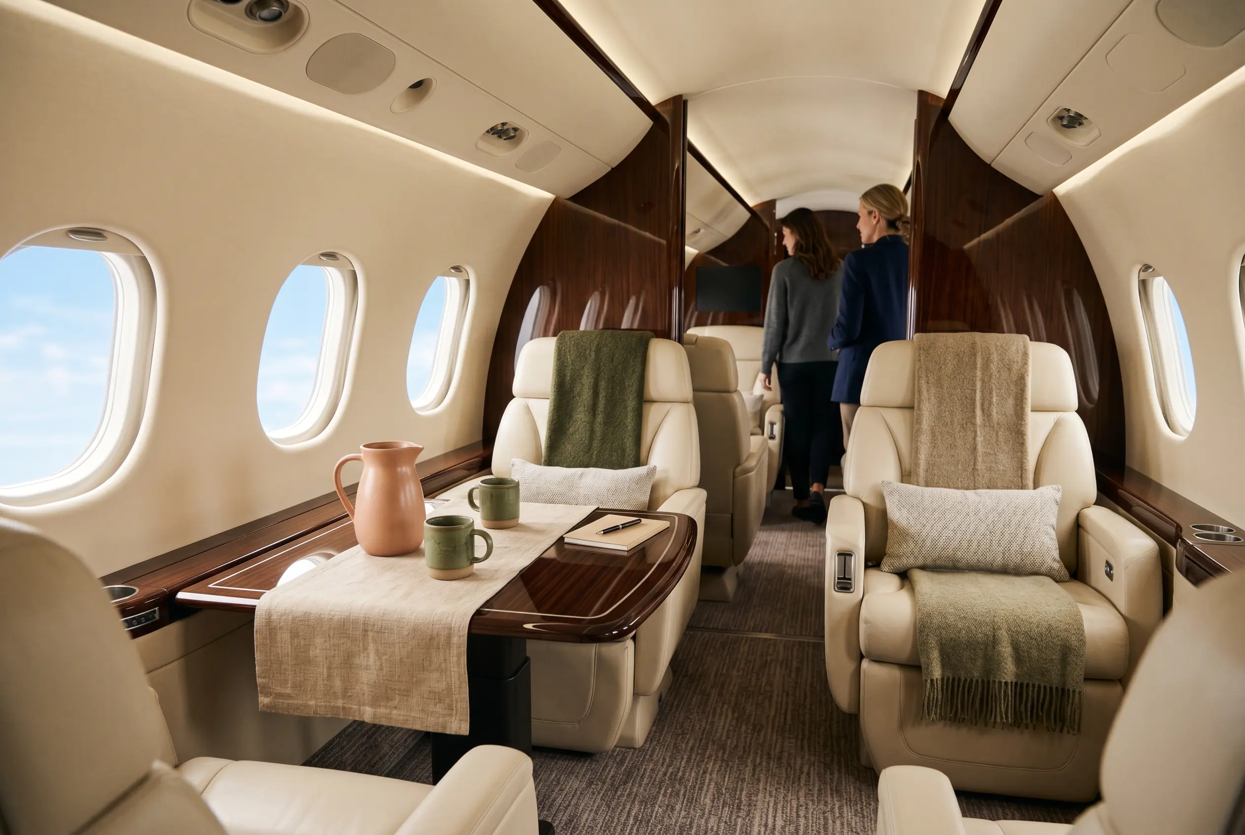 Legacy 500 cabin flooded with daylight, ivory seats facing across a polished table beneath a flat six-foot ceiling