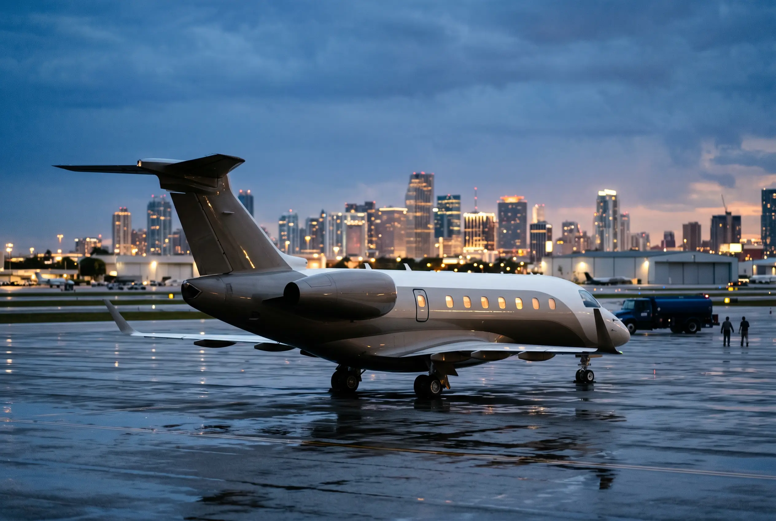 Legacy 500 Legacy 500 on a rain-washed ramp at blue hour, T-tail silhouetted against city glow
