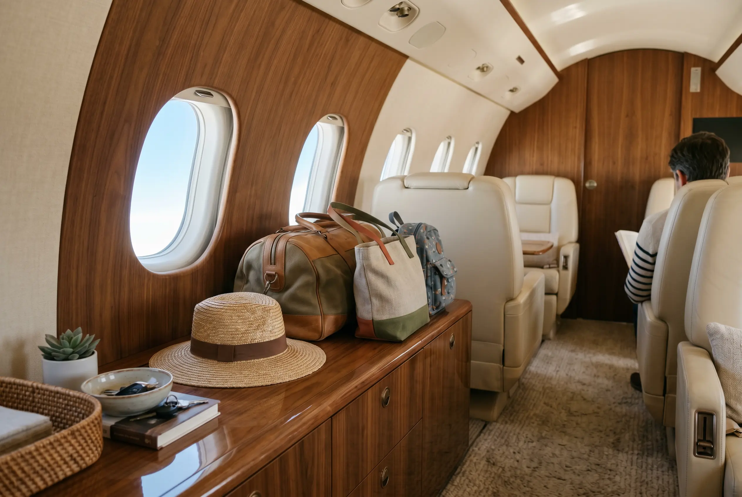 Family weekend bags and a straw sun hat resting on the credenza of a sunlit jet cabin