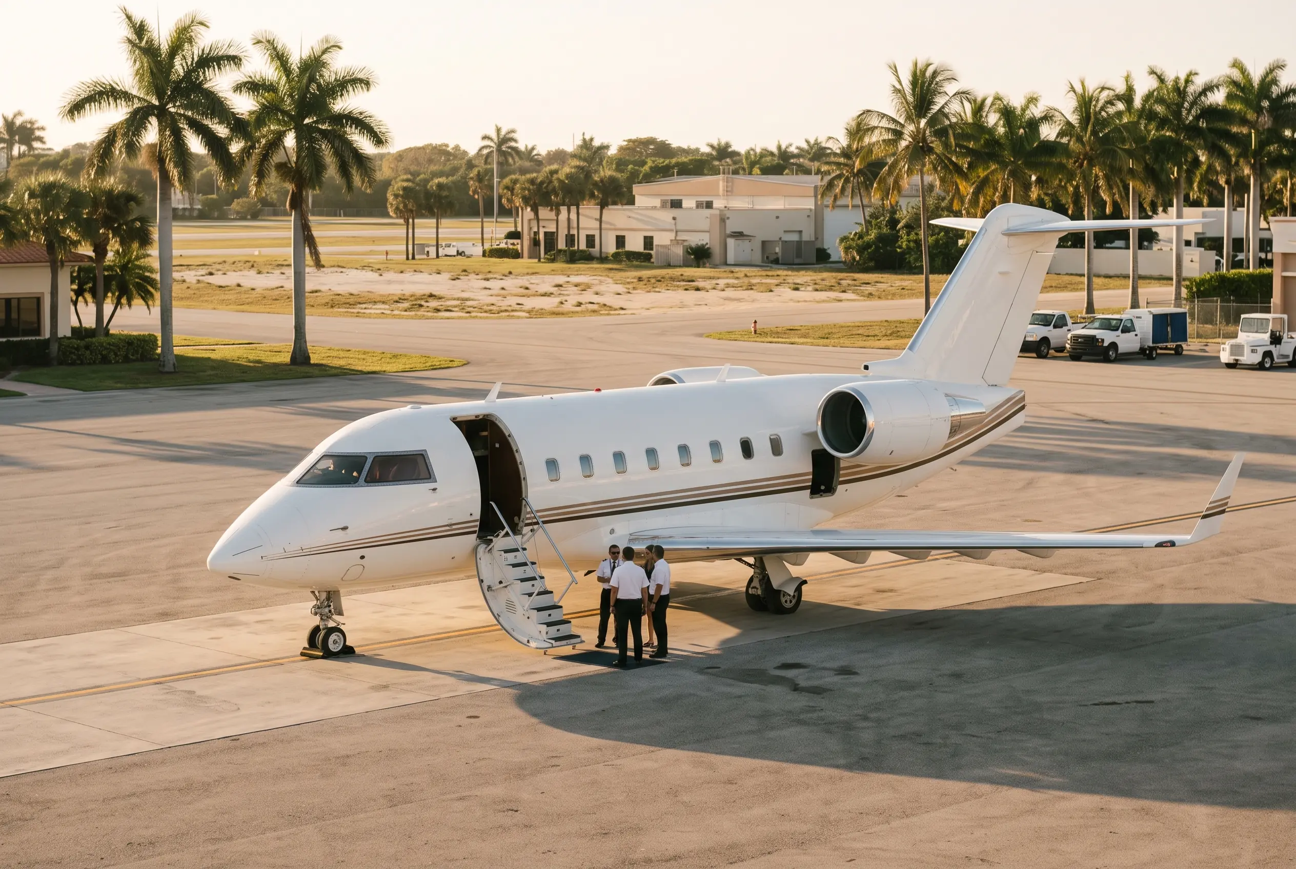 White jet on a palm-lined Miami ramp at golden hour, boarding steps down and door open