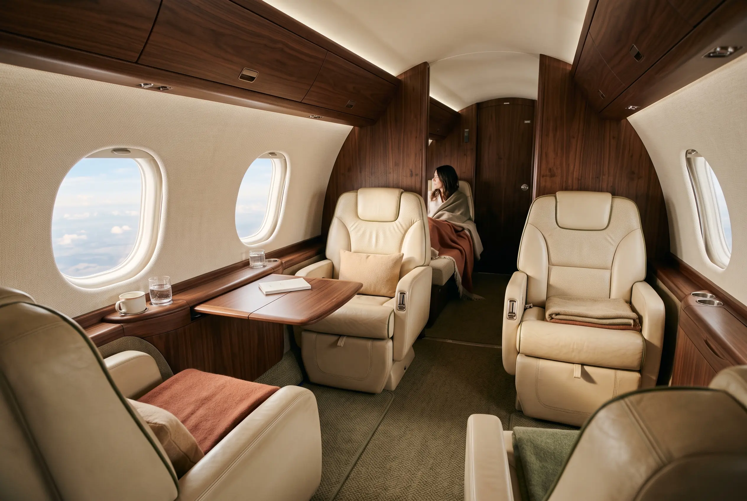 Light jet cabin in warm afternoon light, four club seats in cream leather with a walnut side ledge