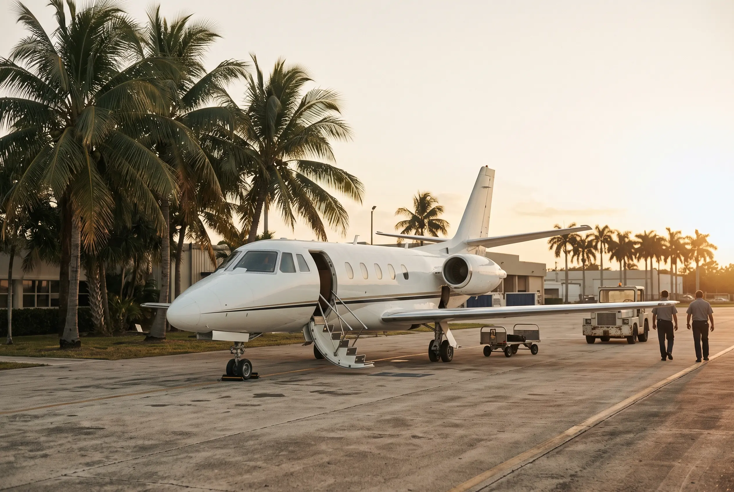 Light Jets White light jet parked on the Opa-locka ramp beside palm trees, boarding steps down
