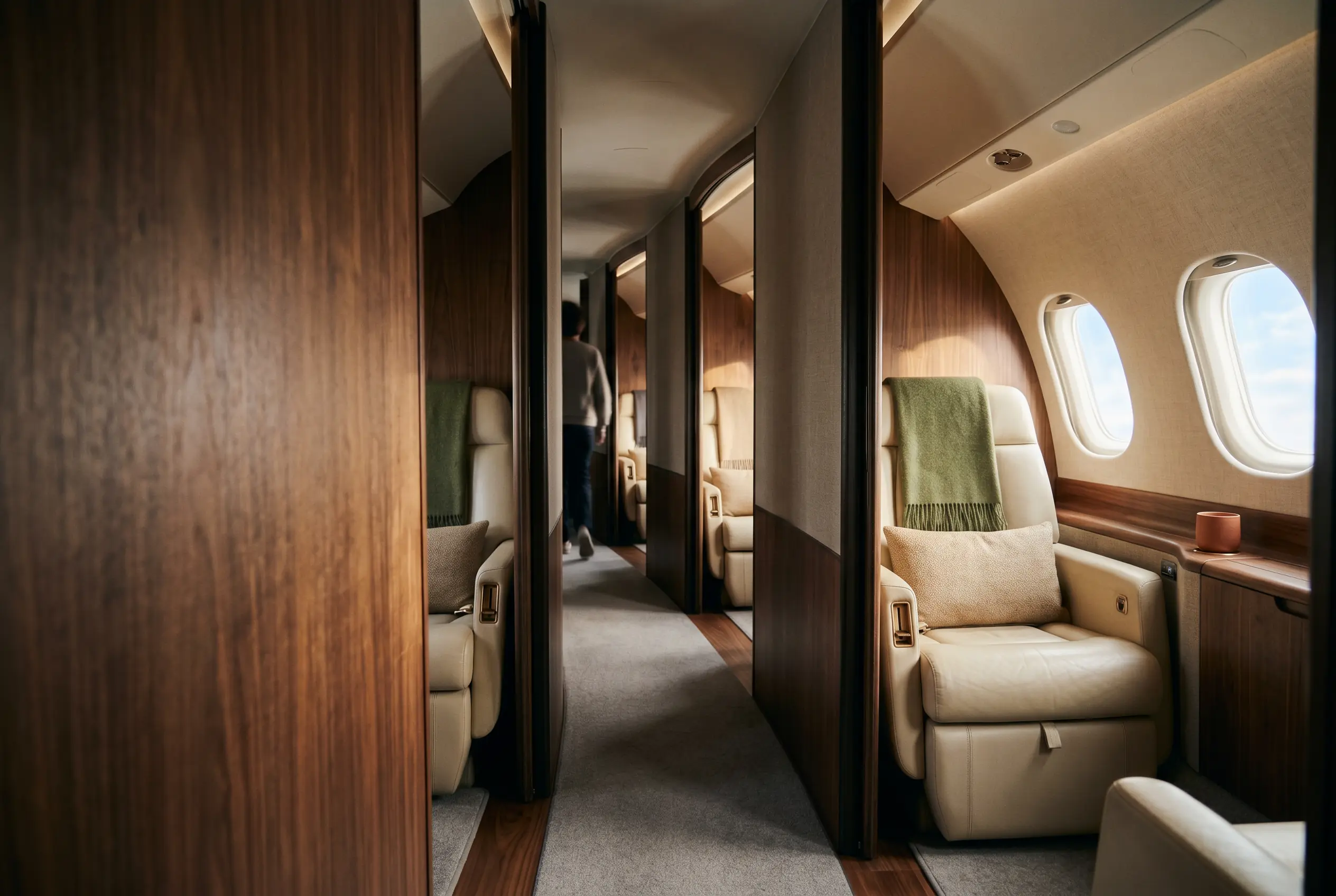 Sequence of private cabin rooms seen down a centre aisle, each pooled in its own warm light
