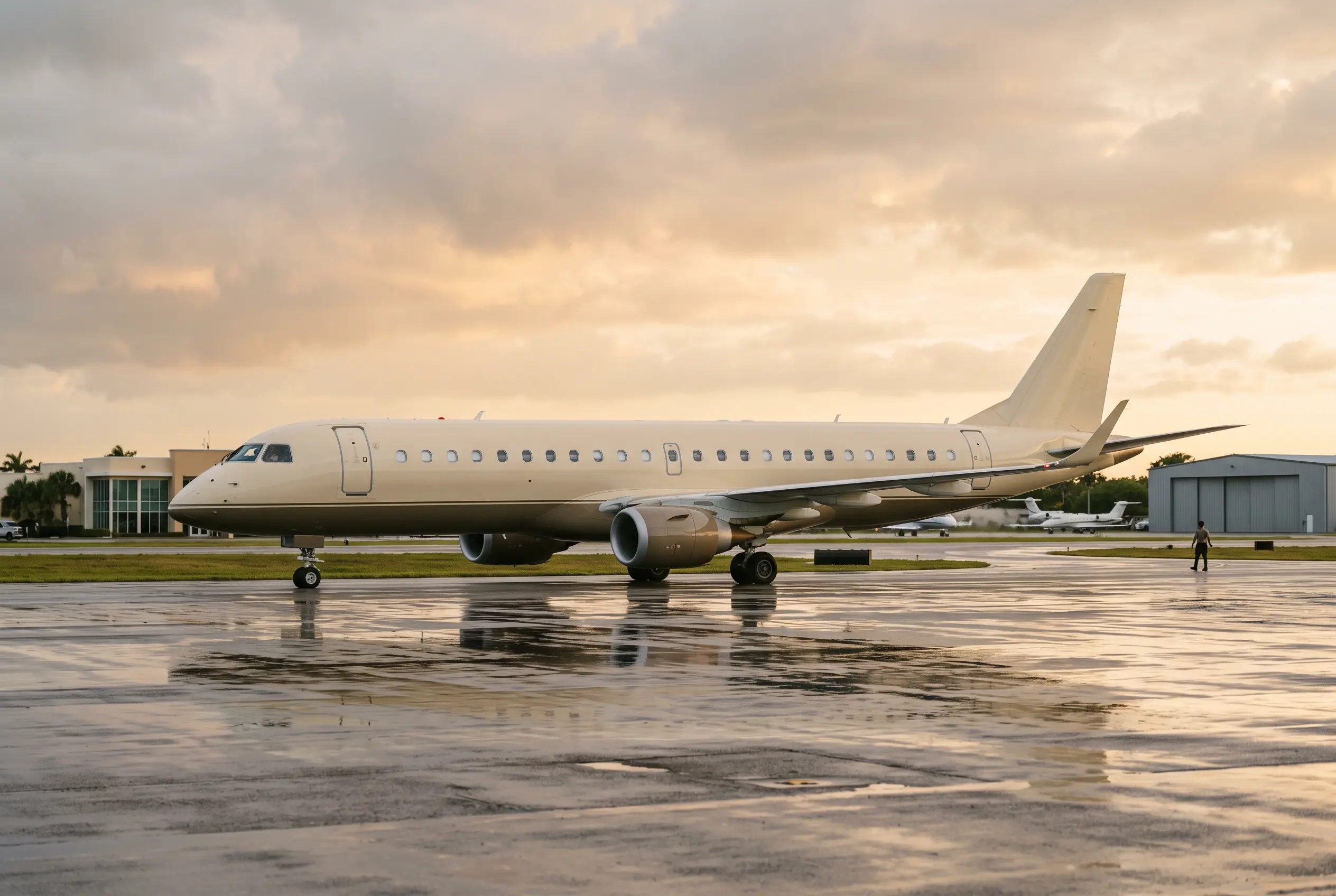 Lineage 1000E Graceful widebodied private aircraft crossing a rain-washed taxiway under a clearing sky