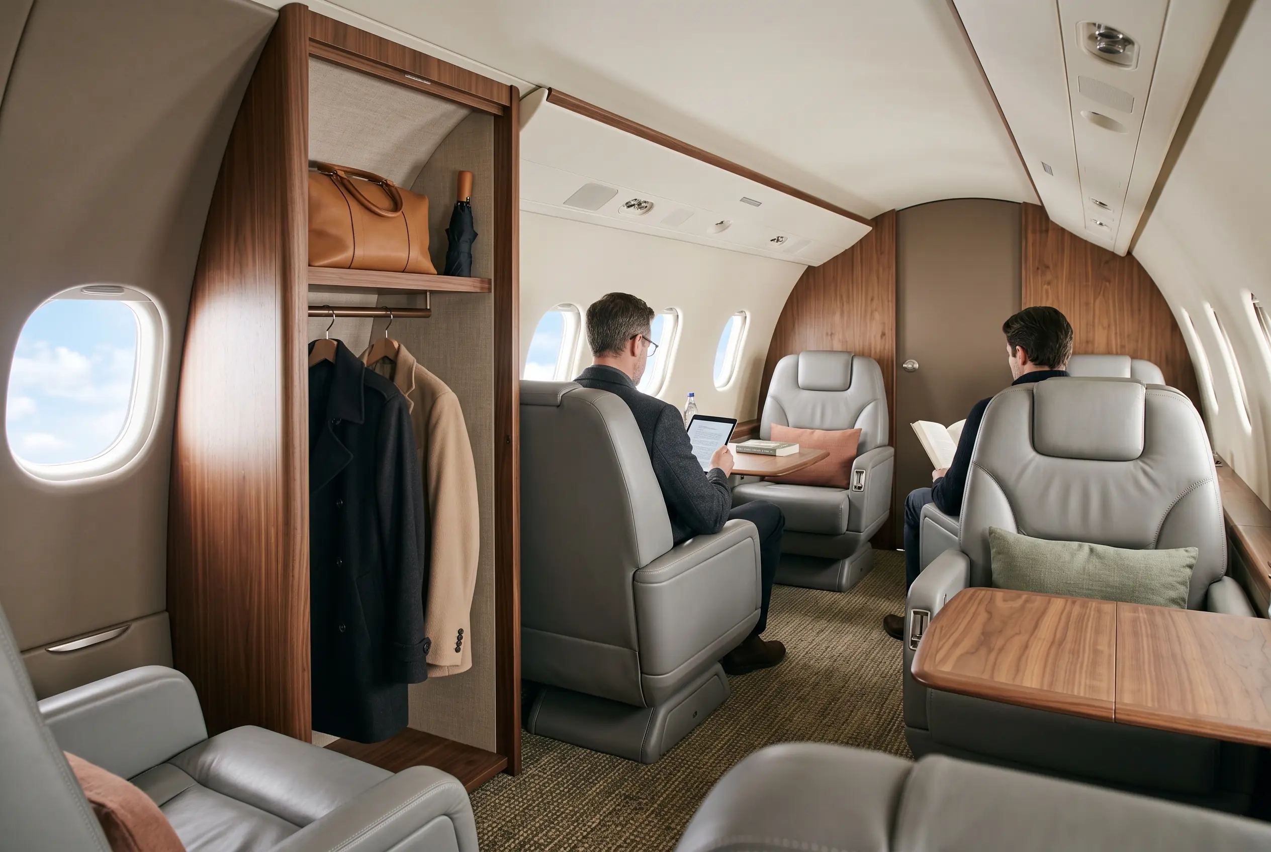 Midsize jet cabin with standing headroom, club seats in soft grey leather and an open wardrobe