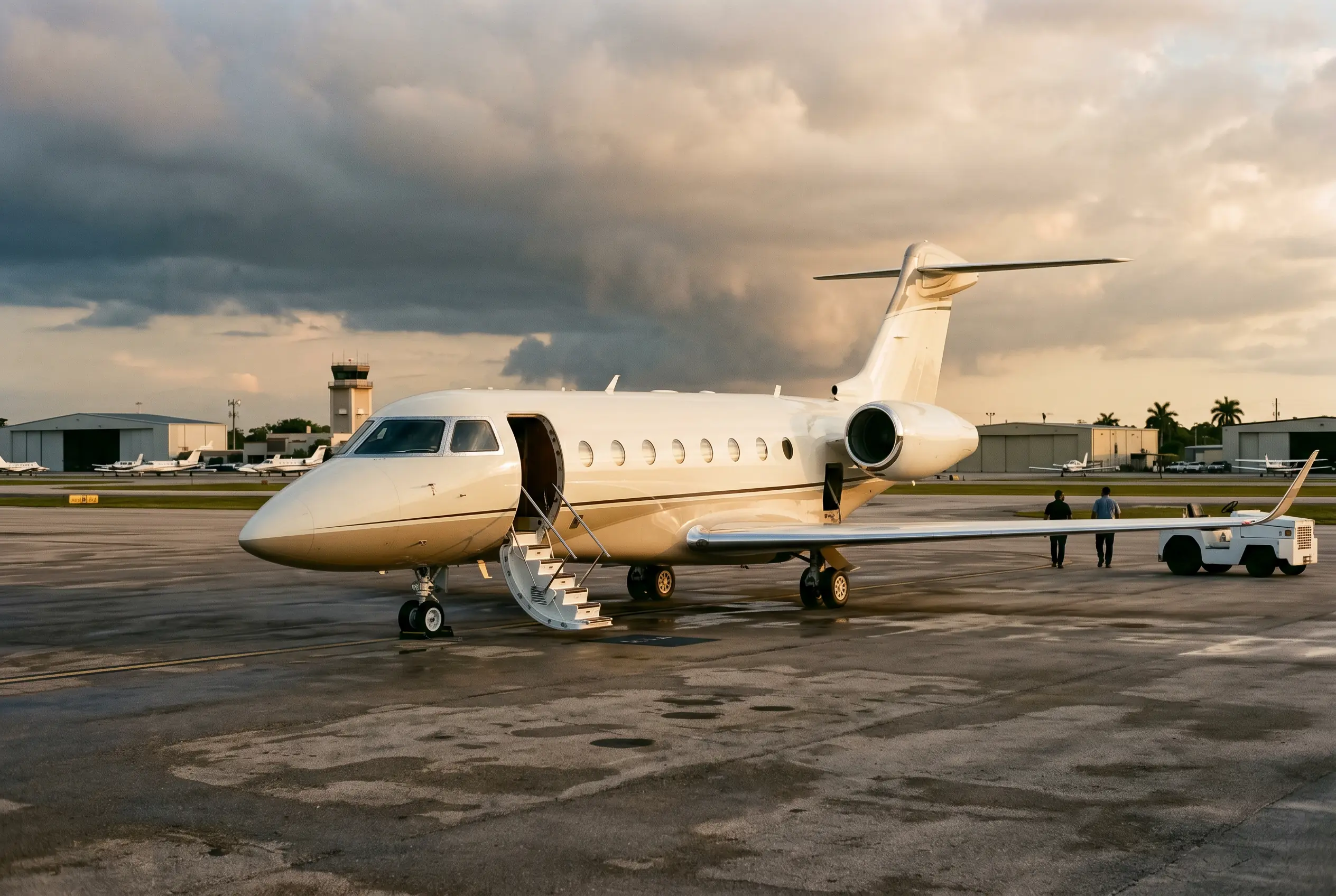 Midsize Jets Midsize business jet waiting on a sunlit ramp, door open and steps down, storm clouds far off