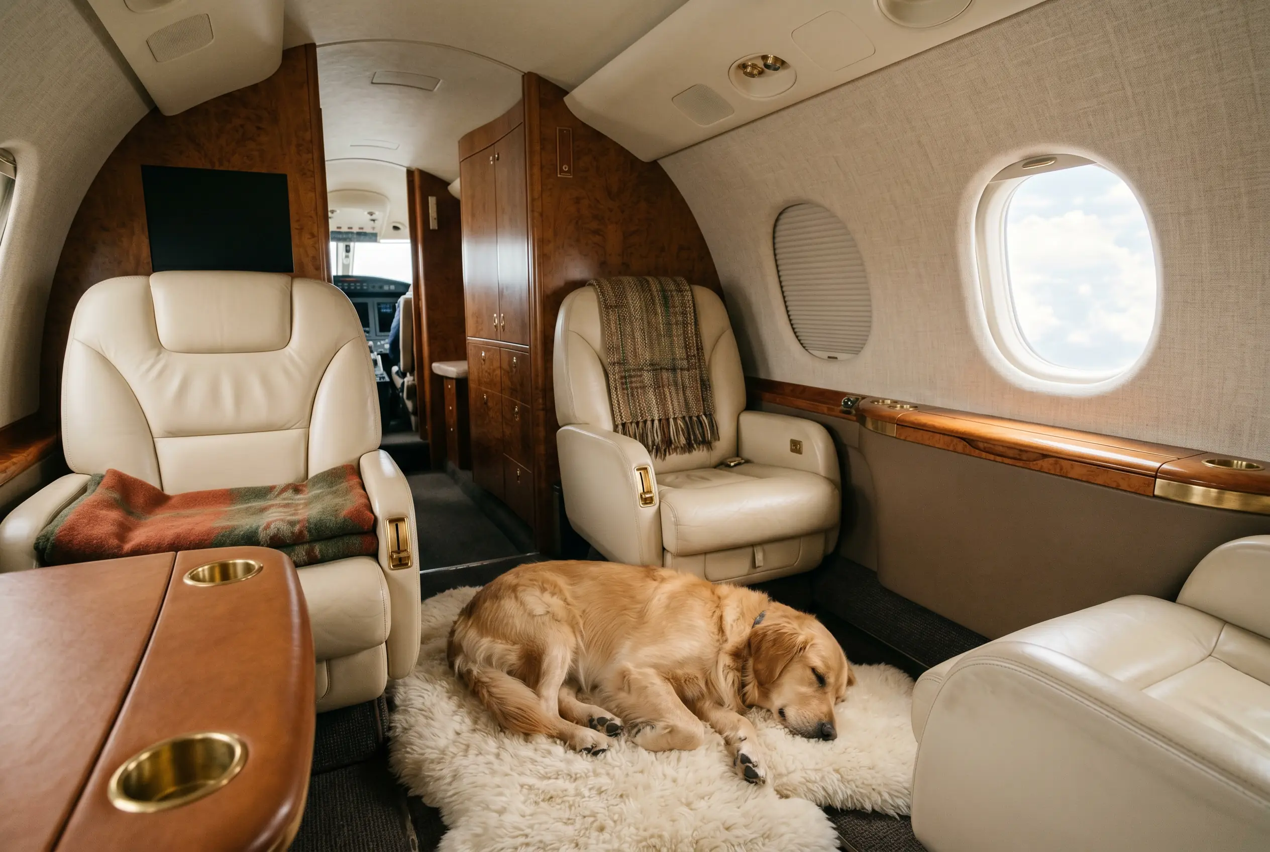 Golden retriever asleep on a sheepskin throw between cream leather club seats mid-flight
