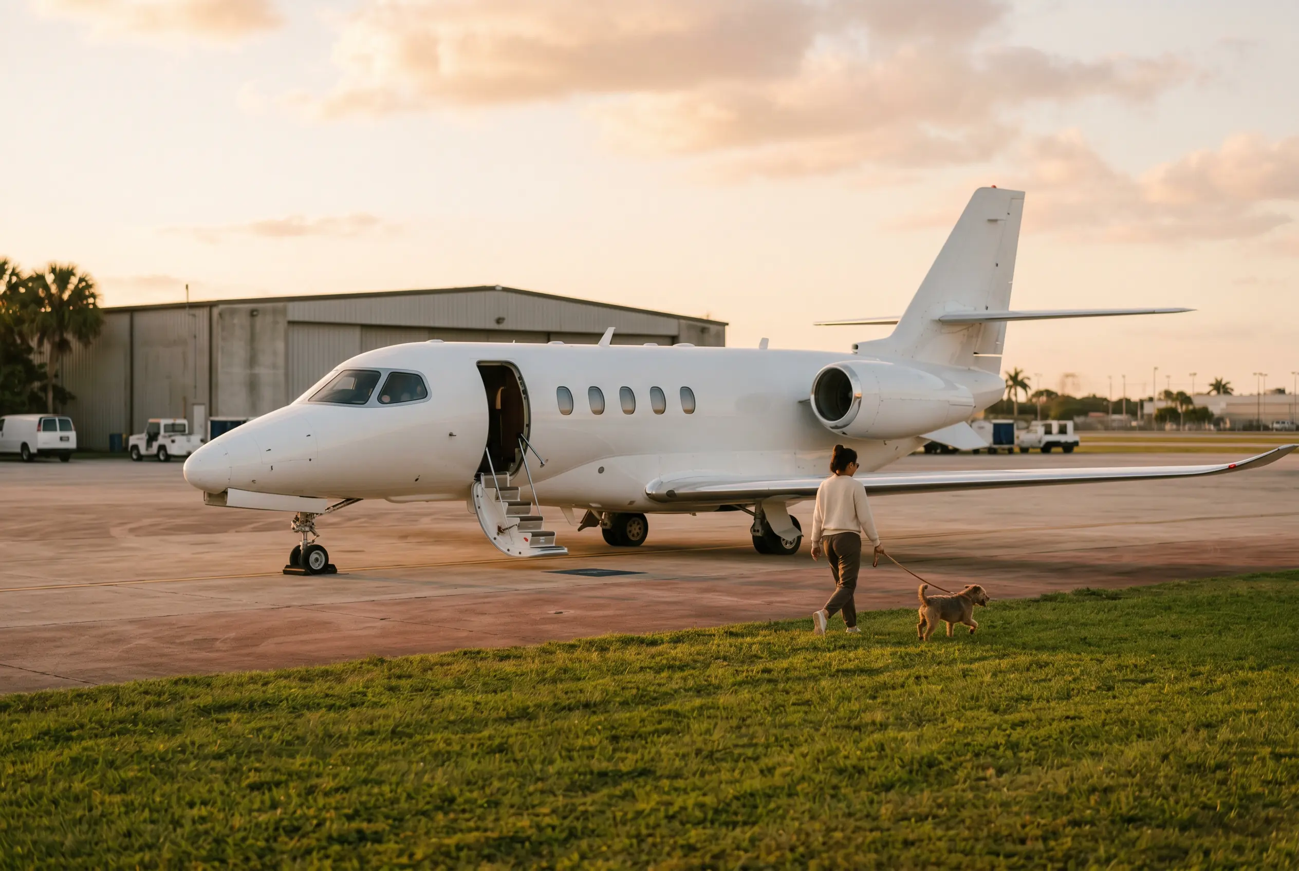 Pets Charter Flights Small dog on a lead taking a last walk on the grass beside a parked white jet