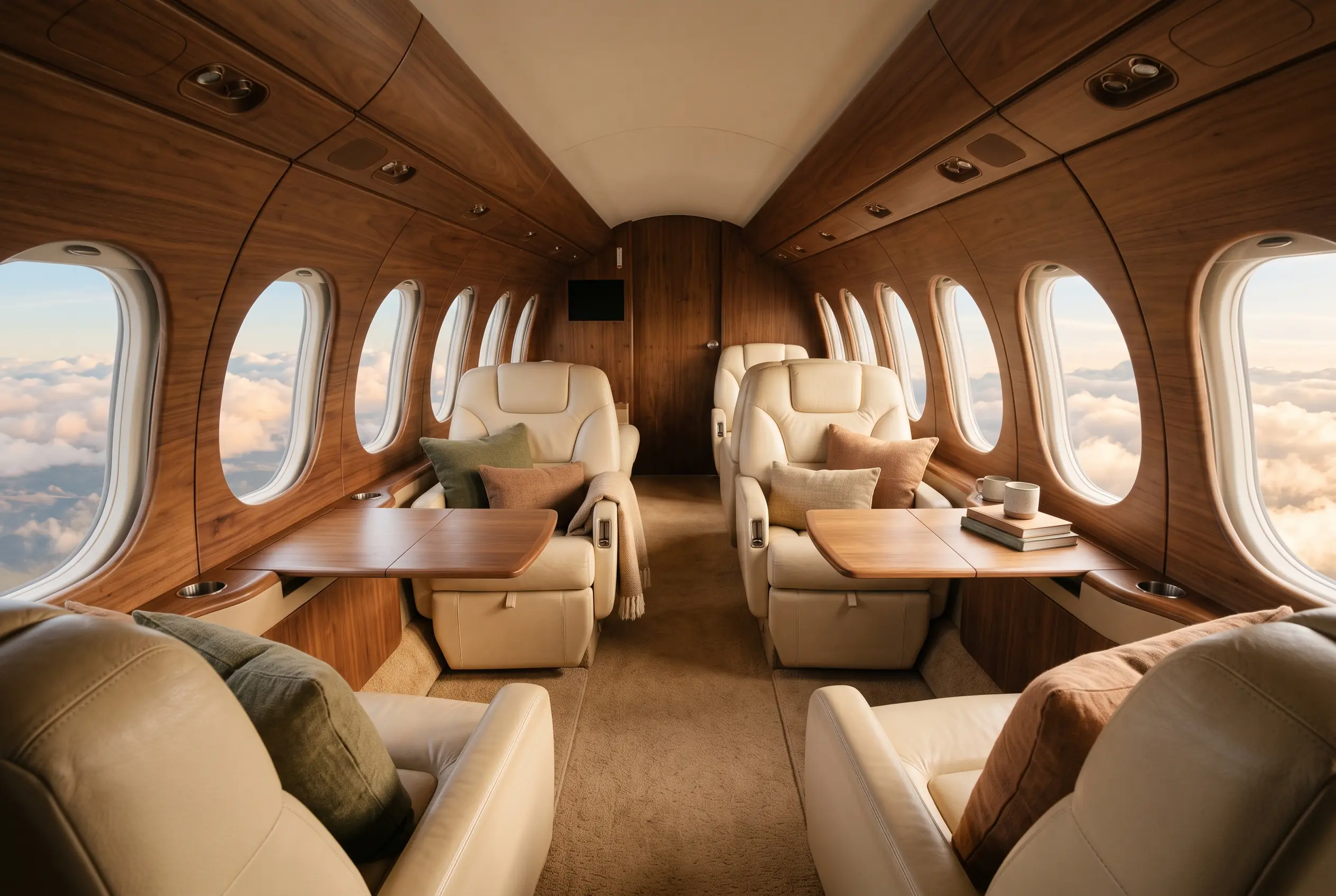 Bright oval-walled jet cabin, four wide leather seats and tall windows filled with morning cloud