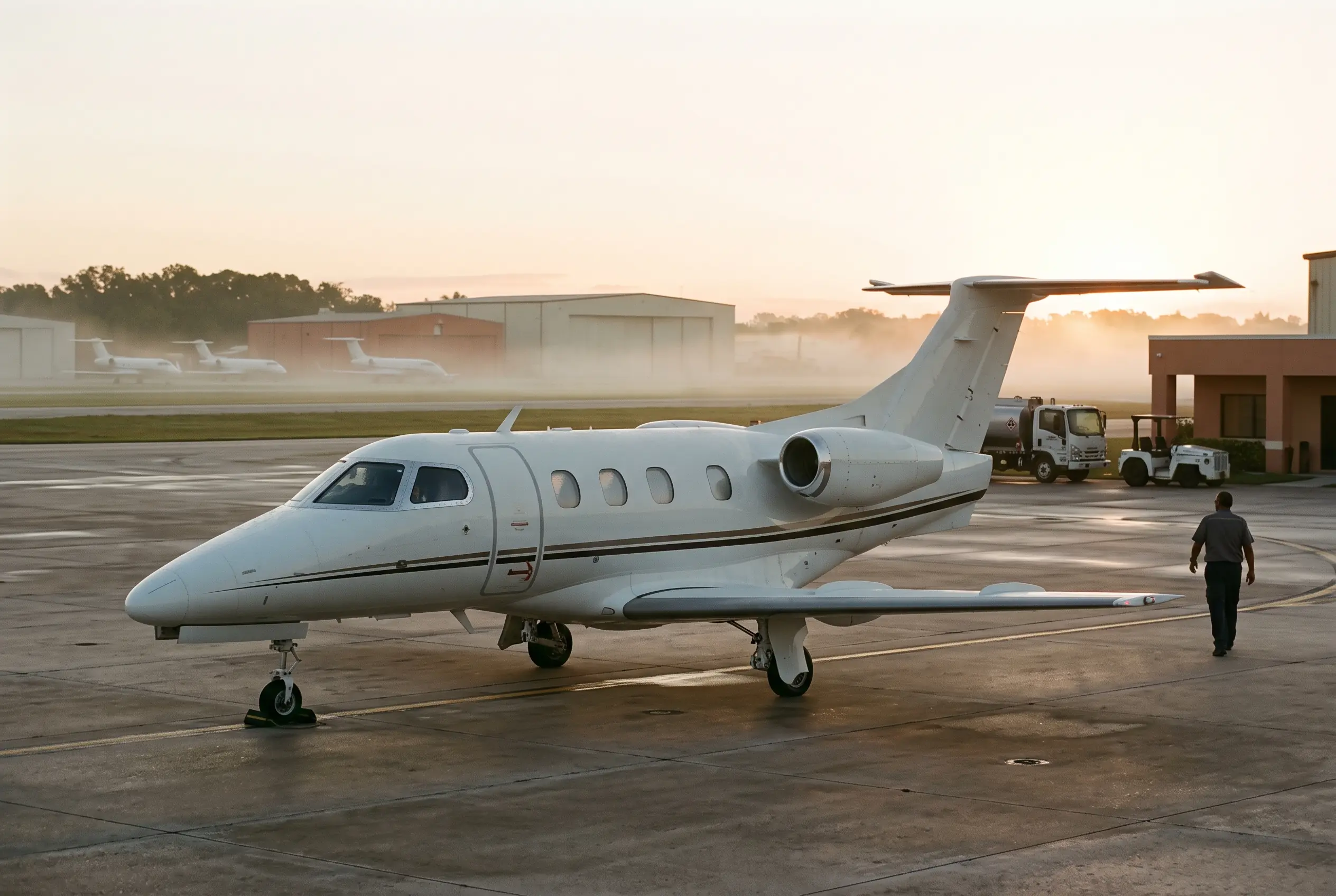 Phenom 100EV Small sleek jet on a quiet ramp at first light, mist softening the hangars behind