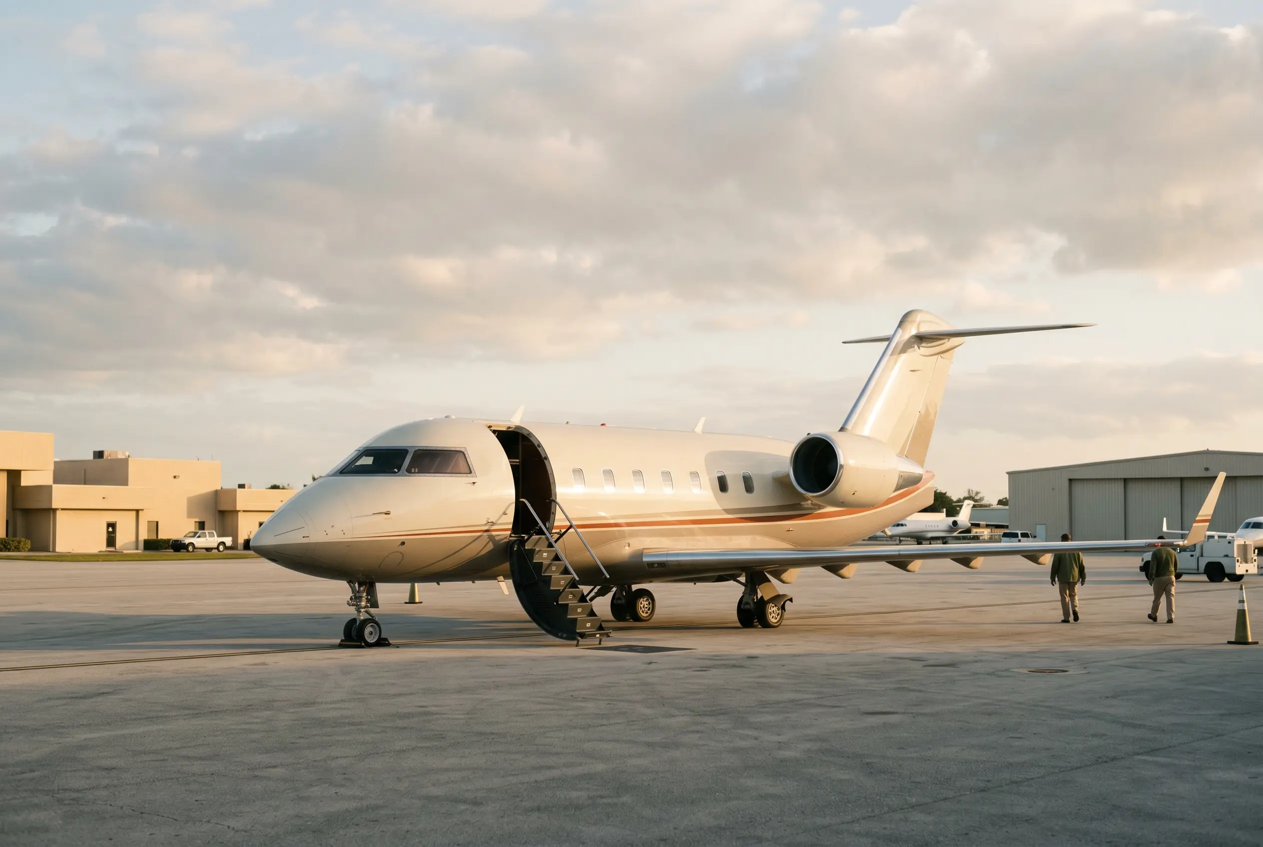 Poised light jet on the ramp under a big Florida sky, boarding steps down and waiting