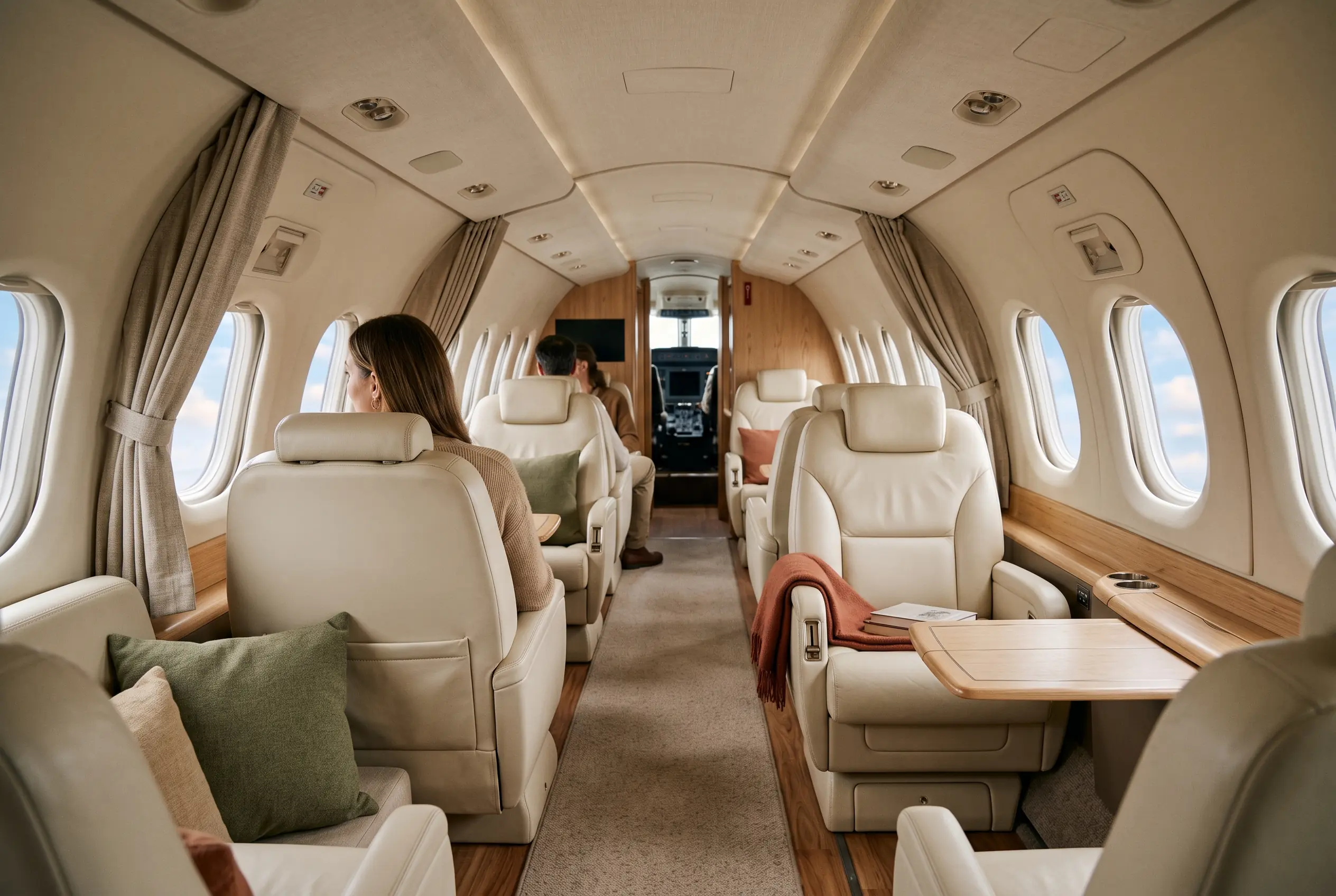 Tall, wide turboprop cabin with cream armchairs along a centre aisle, soft light pooling on pale wood trim
