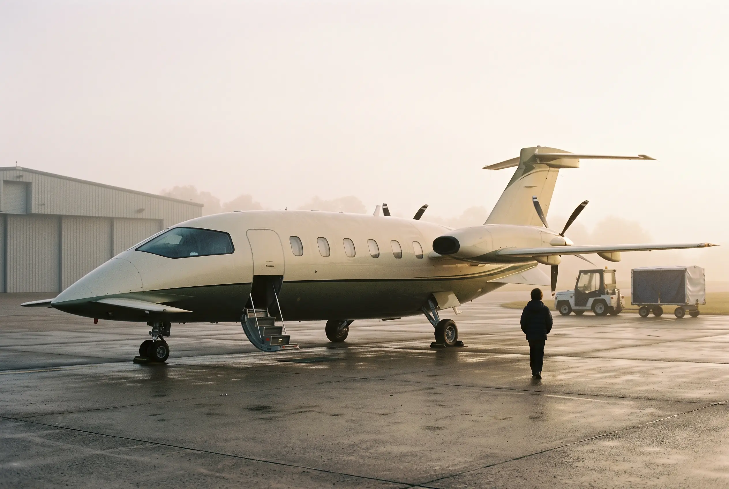 Unusual canard-winged turboprop with rear pusher propellers parked on a misty morning ramp