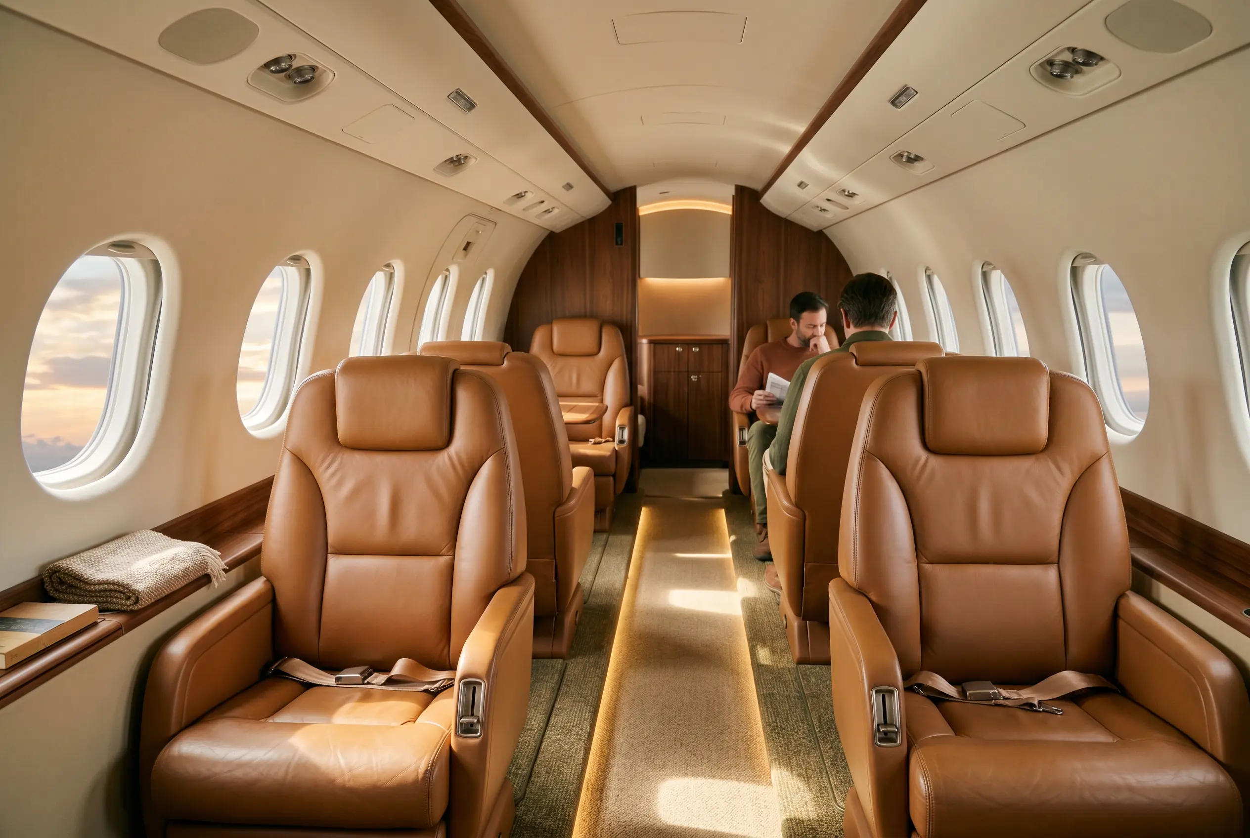Single-turboprop executive cabin with six caramel leather seats on a flat floor, morning sun striping the aisle