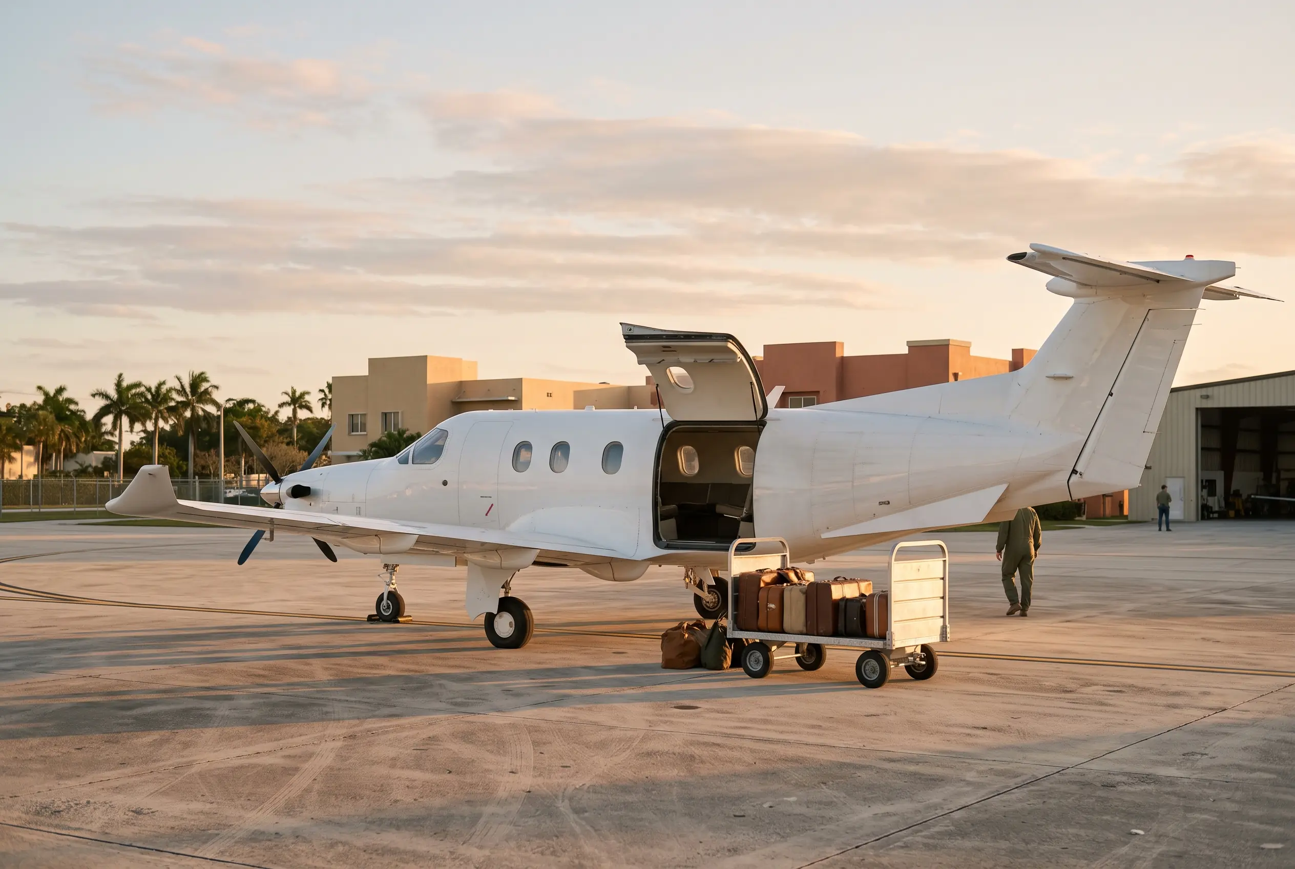 Pilatus PC-12 White single-engine turboprop with a large rear cargo door open, luggage cart alongside on the ramp