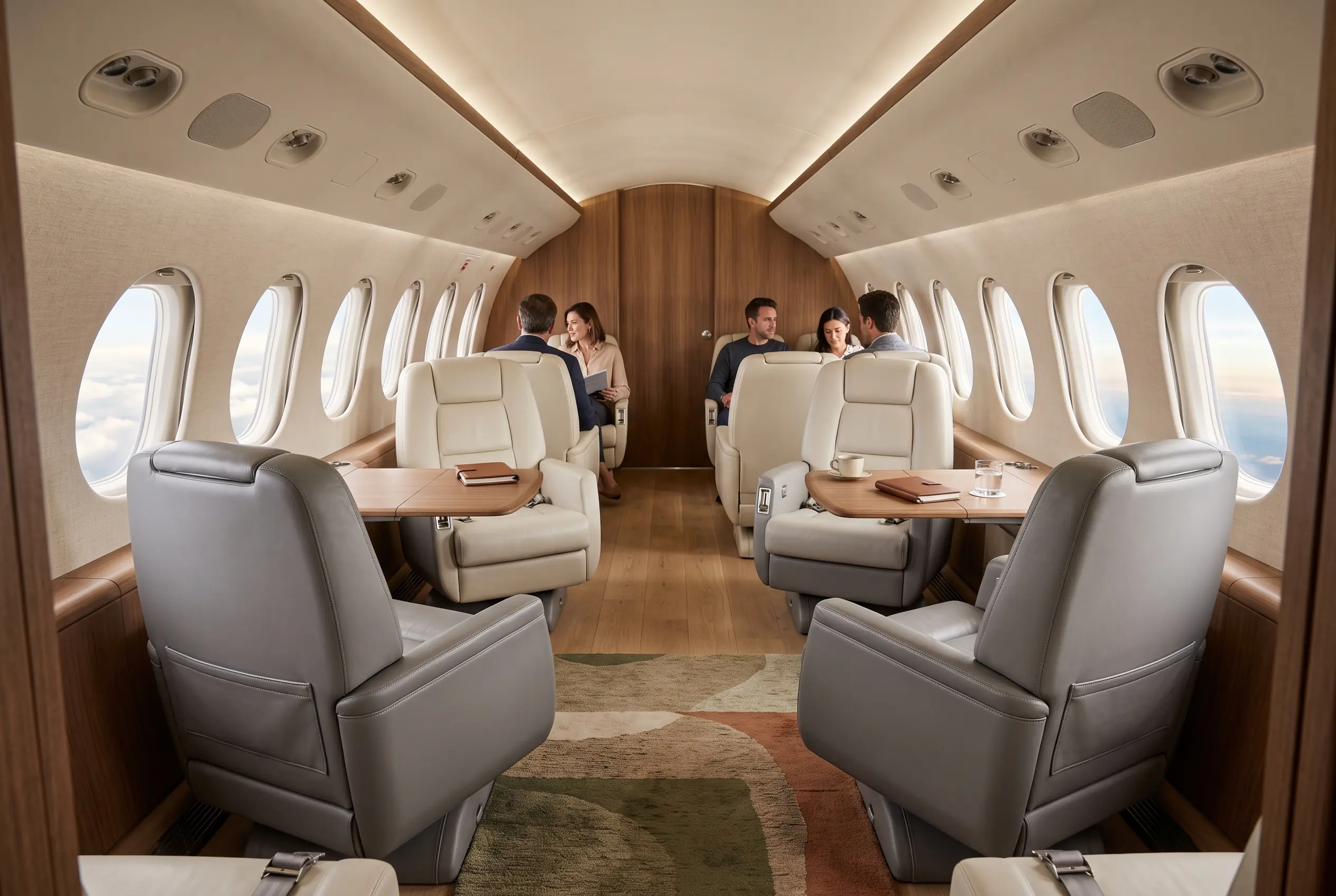 Wide flat-floor jet cabin with six swivel seats in soft gray leather and unbroken window light