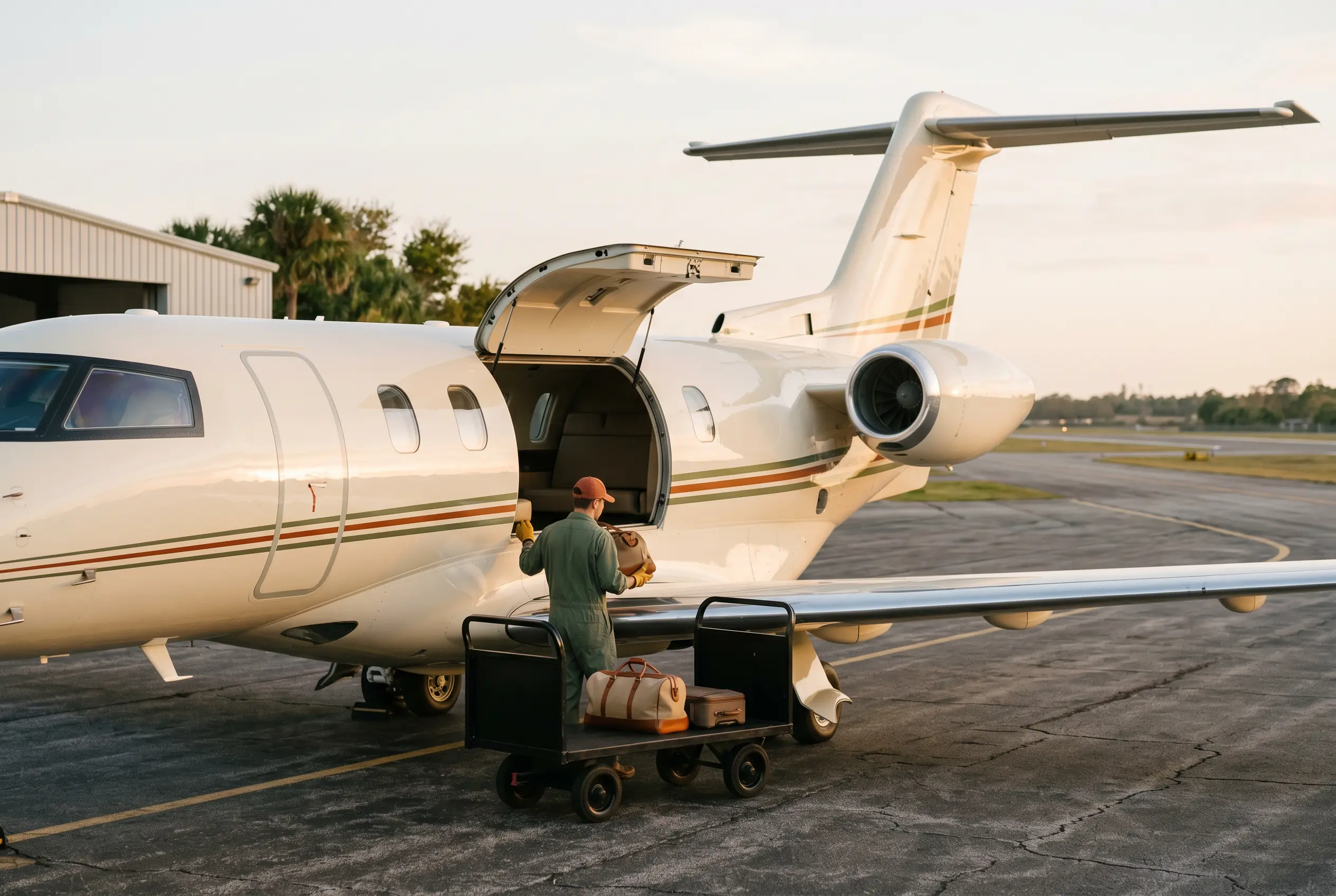Pilatus PC-24 Broad-shouldered small jet loading luggage through a large rear cargo door in golden afternoon sun