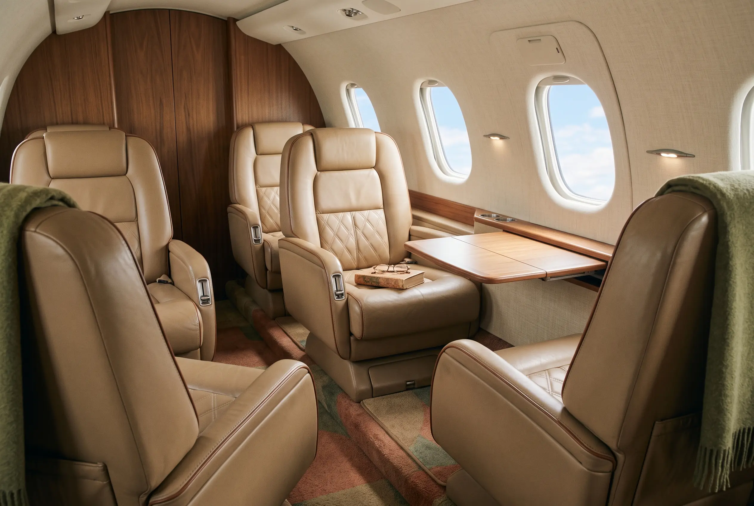 Snug four-seat turboprop cabin in stitched tan leather, a paperback and reading glasses resting on a seat arm