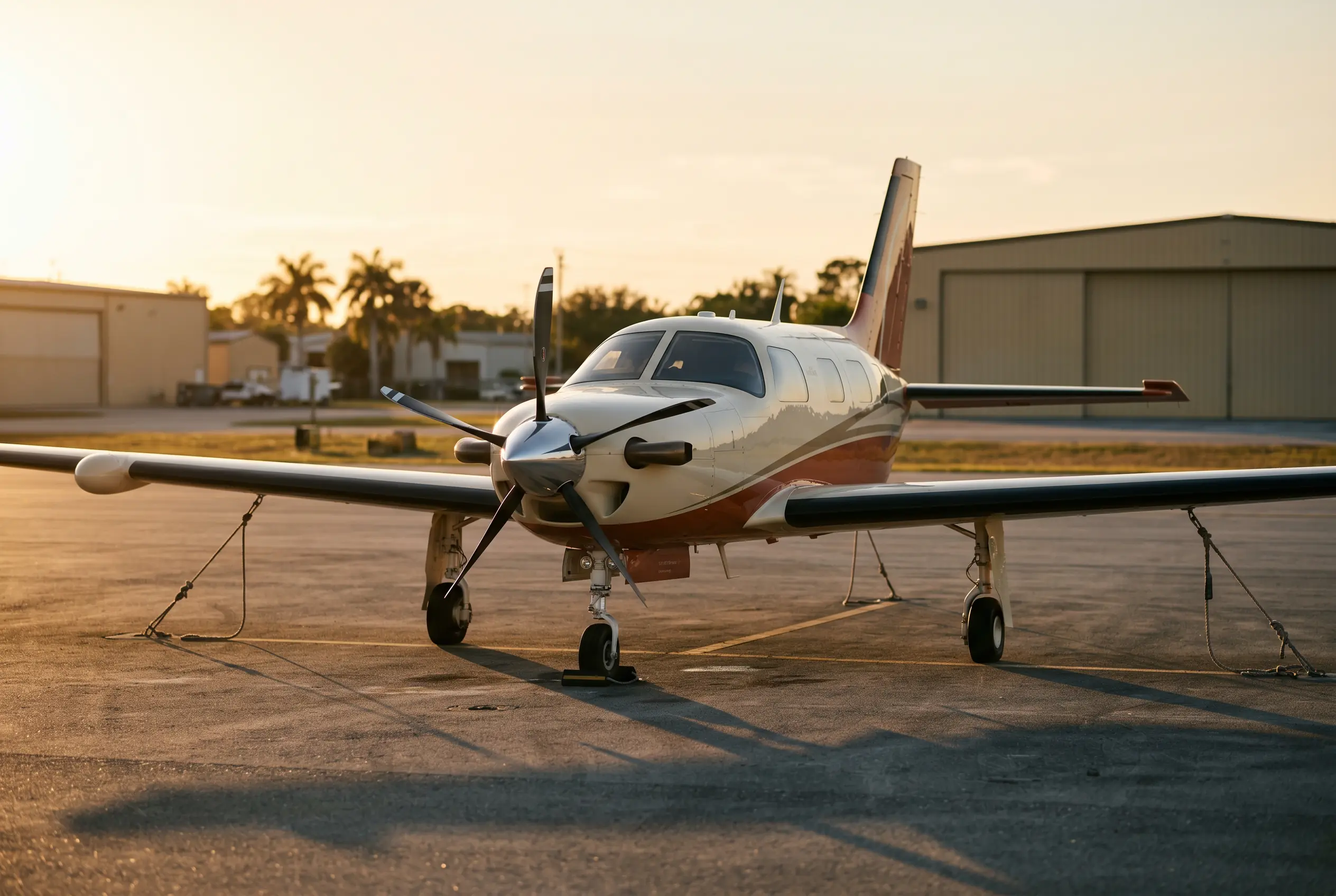 M600/SLS Low-wing single-engine turboprop parked nose-on in evening light, tie-down ropes casting long shadows