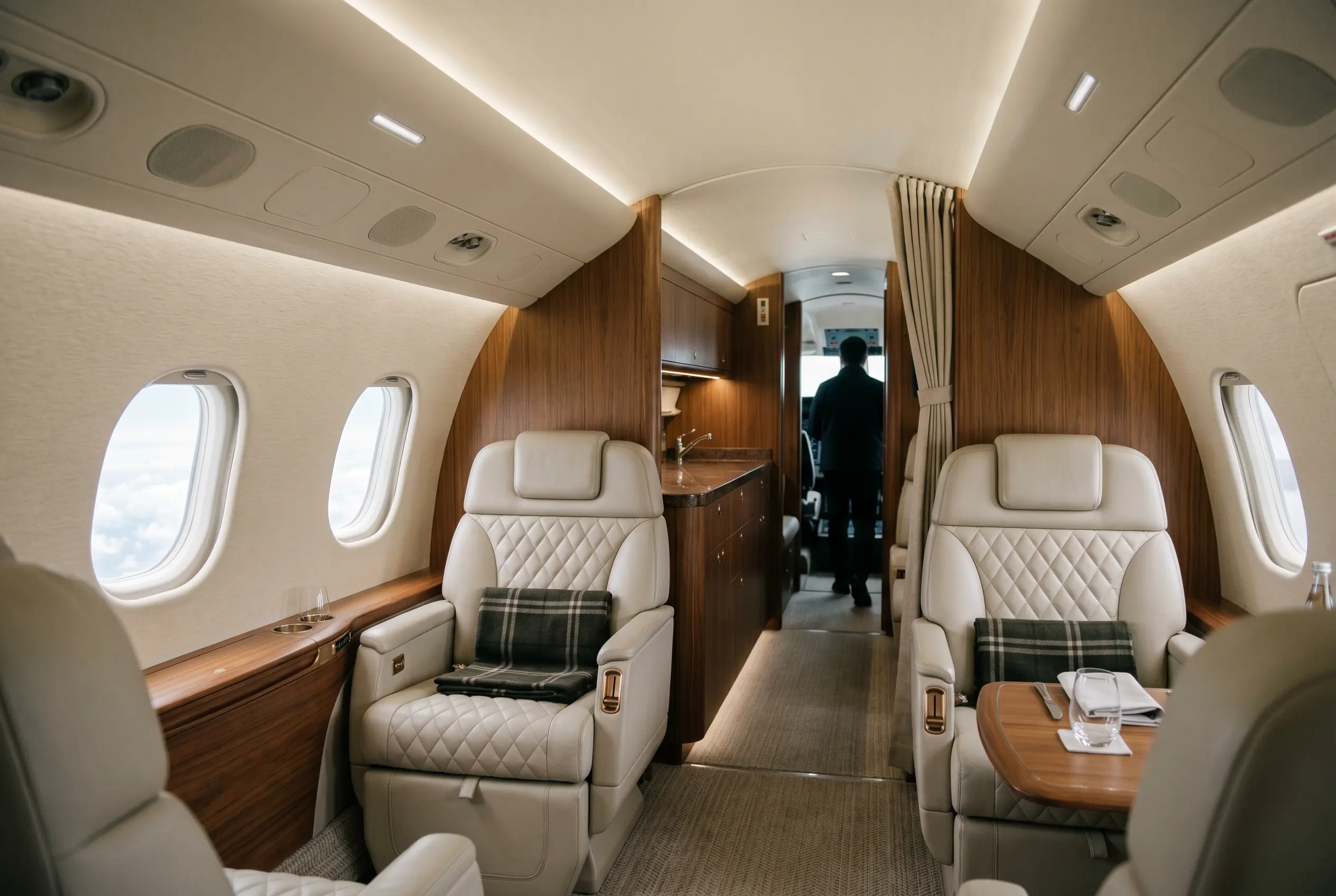 Praetor 500 cabin in muted daylight, quilted oyster leather seats along a flat aisle toward a stone-topped galley