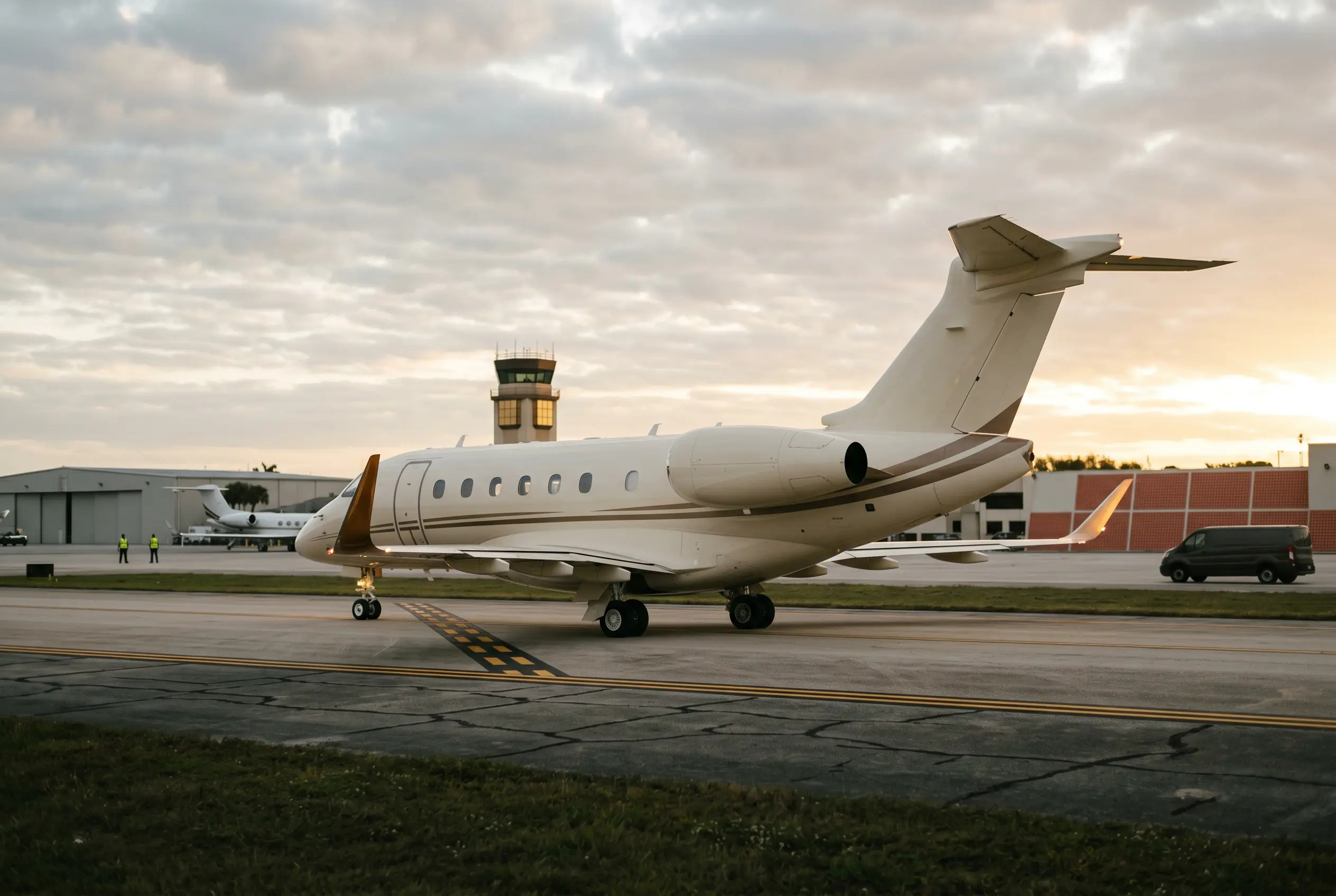 Praetor 500 Praetor 500 crossing the hold-short line at sunrise, scimitar winglets bright against low Florida cloud