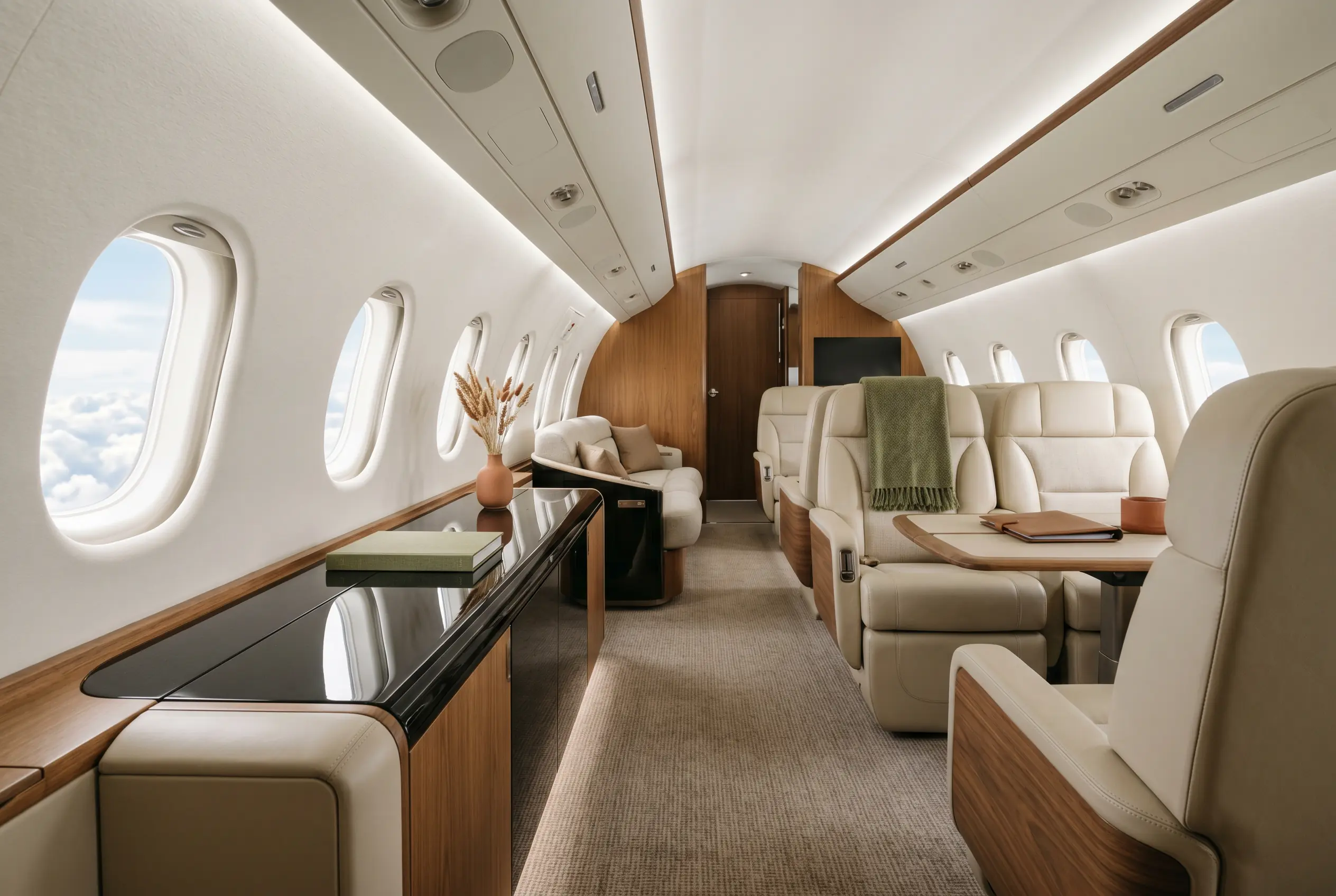 Serene modern jet cabin with stone-toned seats, a long piano-black credenza and cool daylight along a flat aisle