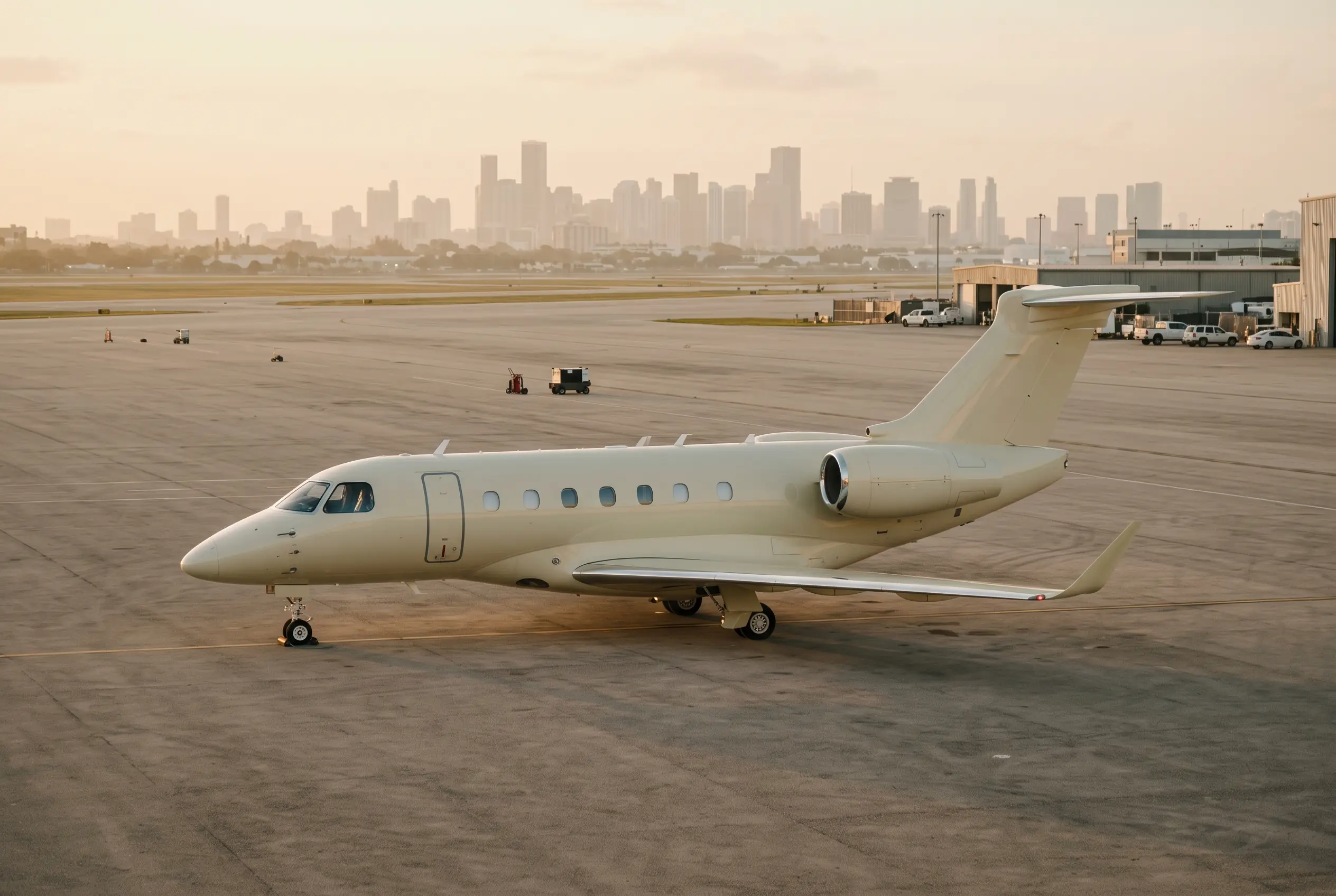 Praetor 600 Rakish jet with scimitar winglets crossing the numbers on short final, city haze softening the skyline beyond