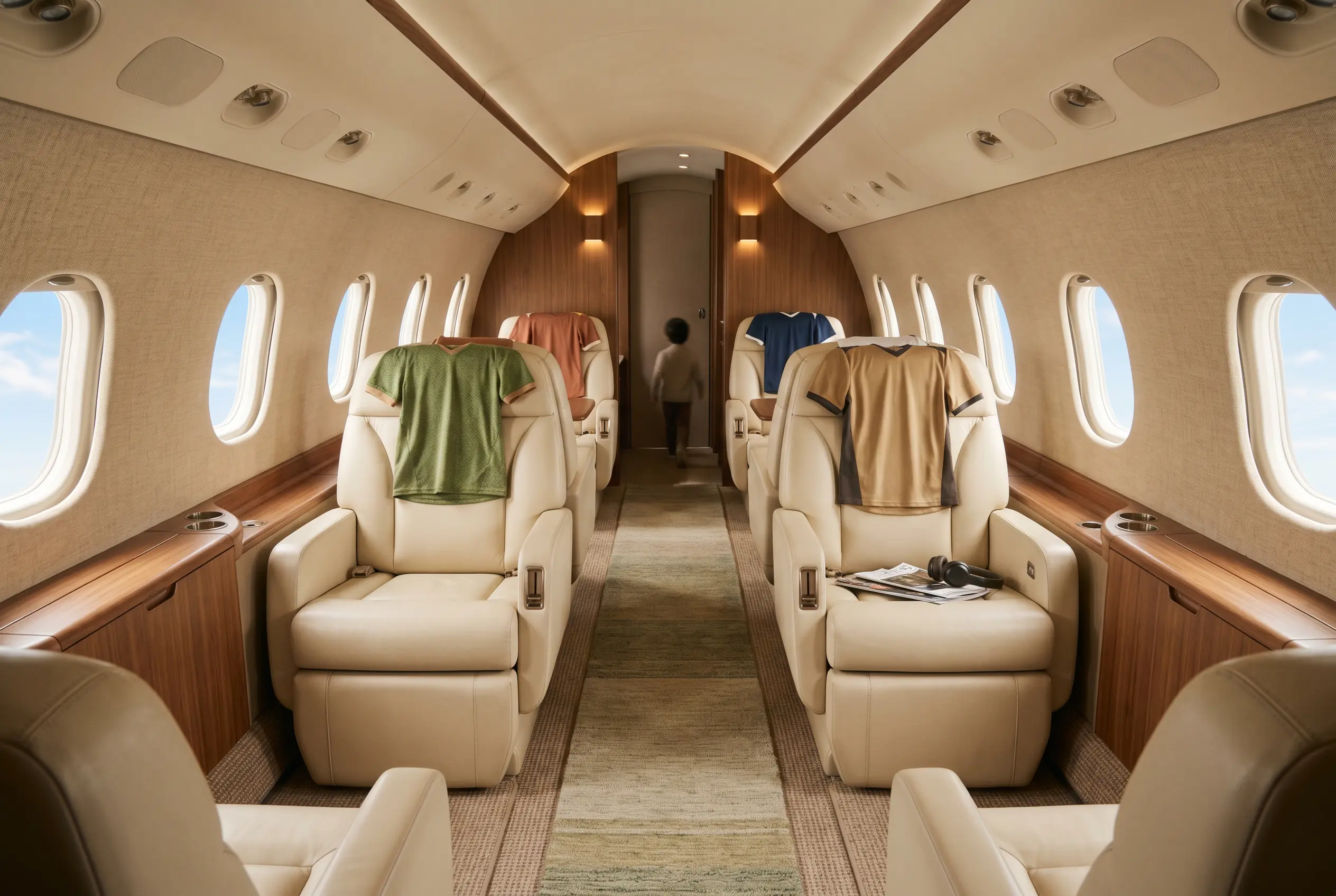 Rows of wide leather seats aboard a VIP airliner cabin, jerseys draped over headrests