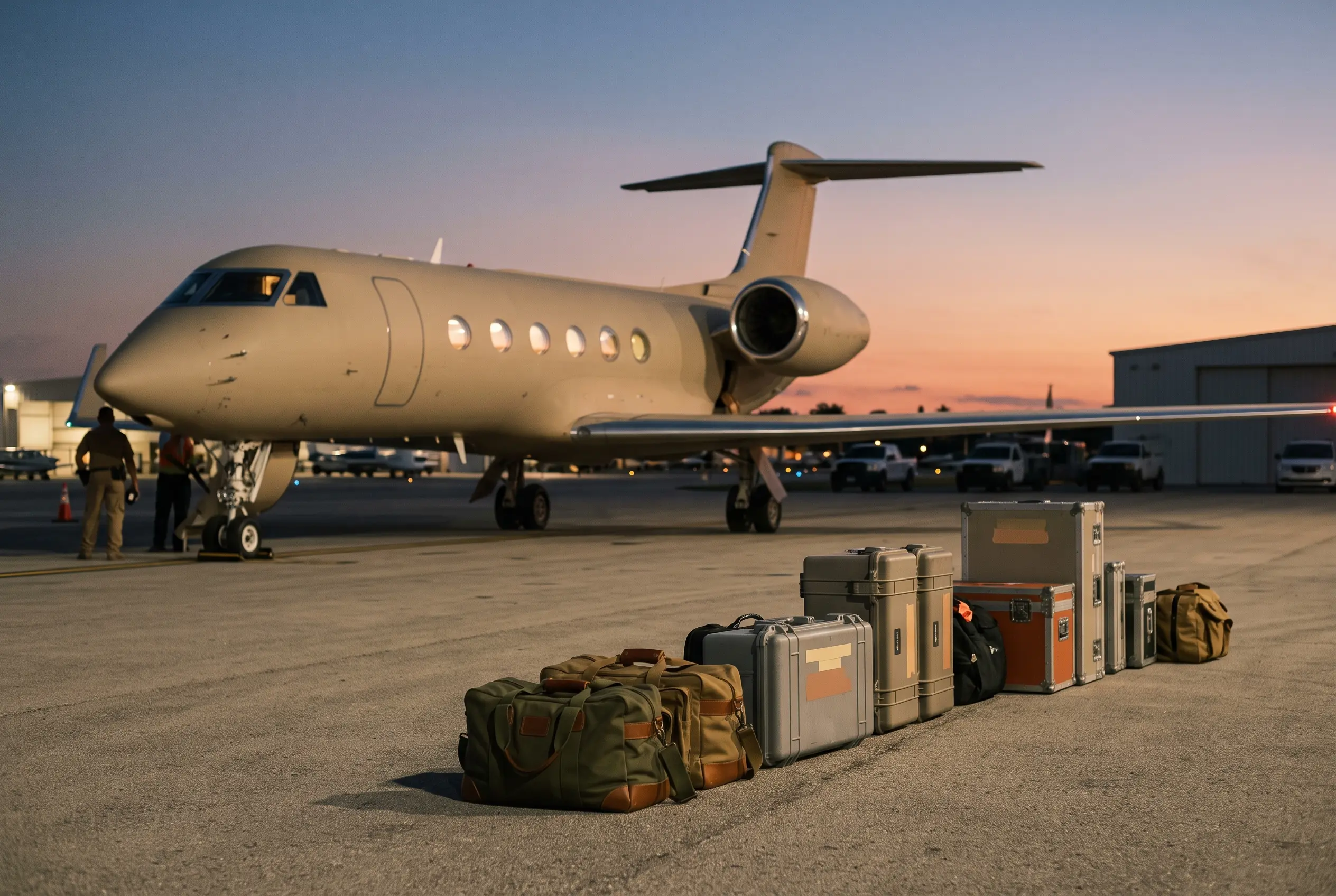 Equipment trunks and kit bags lined up on the ramp beside an airliner at dusk