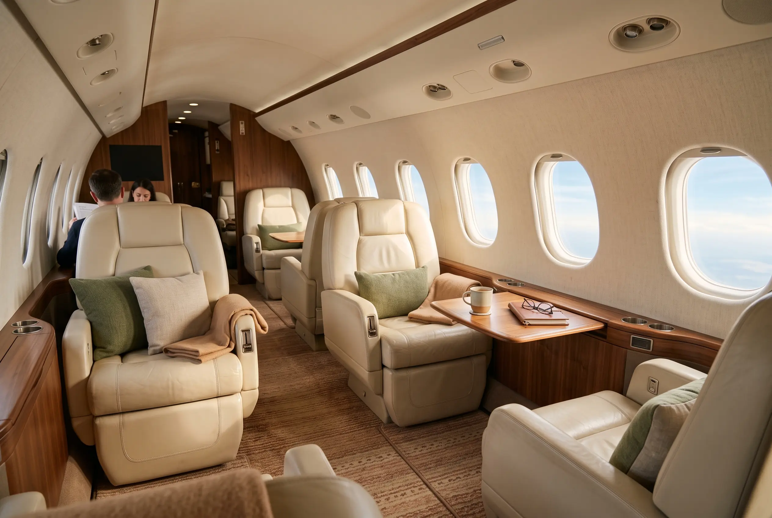 Wide super-midsize cabin with facing club seats, a flat aisle and afternoon light on pale leather