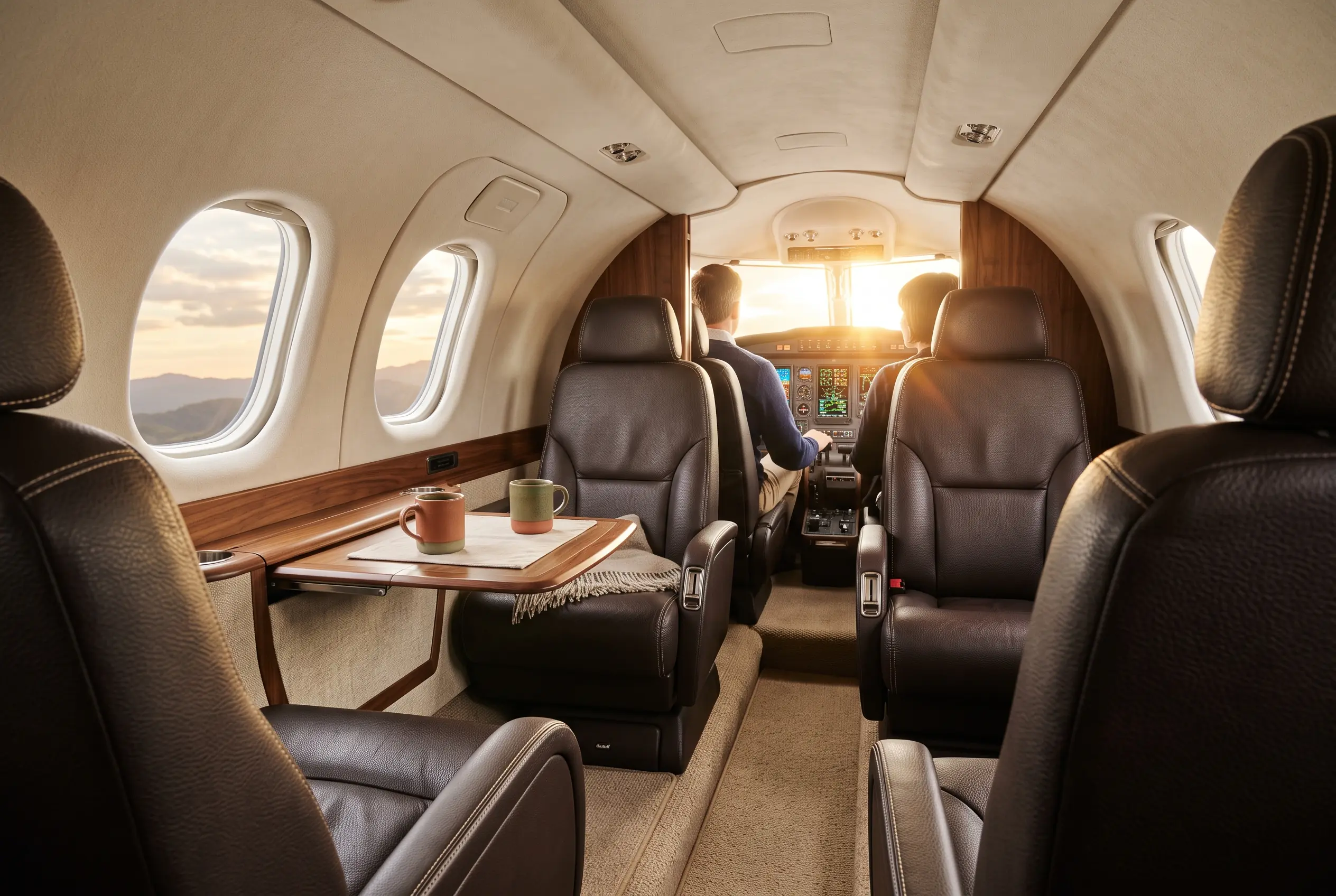 Four-seat turboprop cabin trimmed in espresso leather with contrast stitching, sun flare through the windscreen beyond