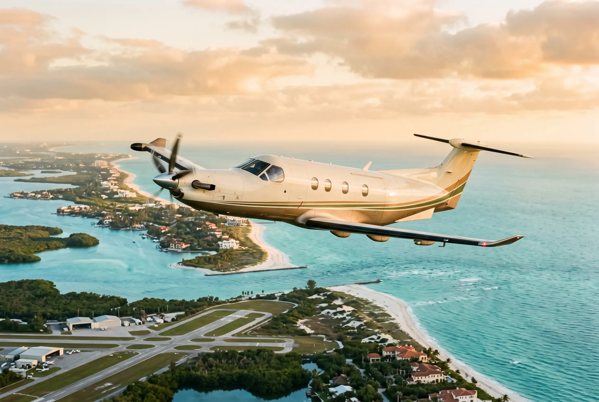 TBM 960 Fast single-engine turboprop with a five-blade propeller climbing away over a turquoise coastline