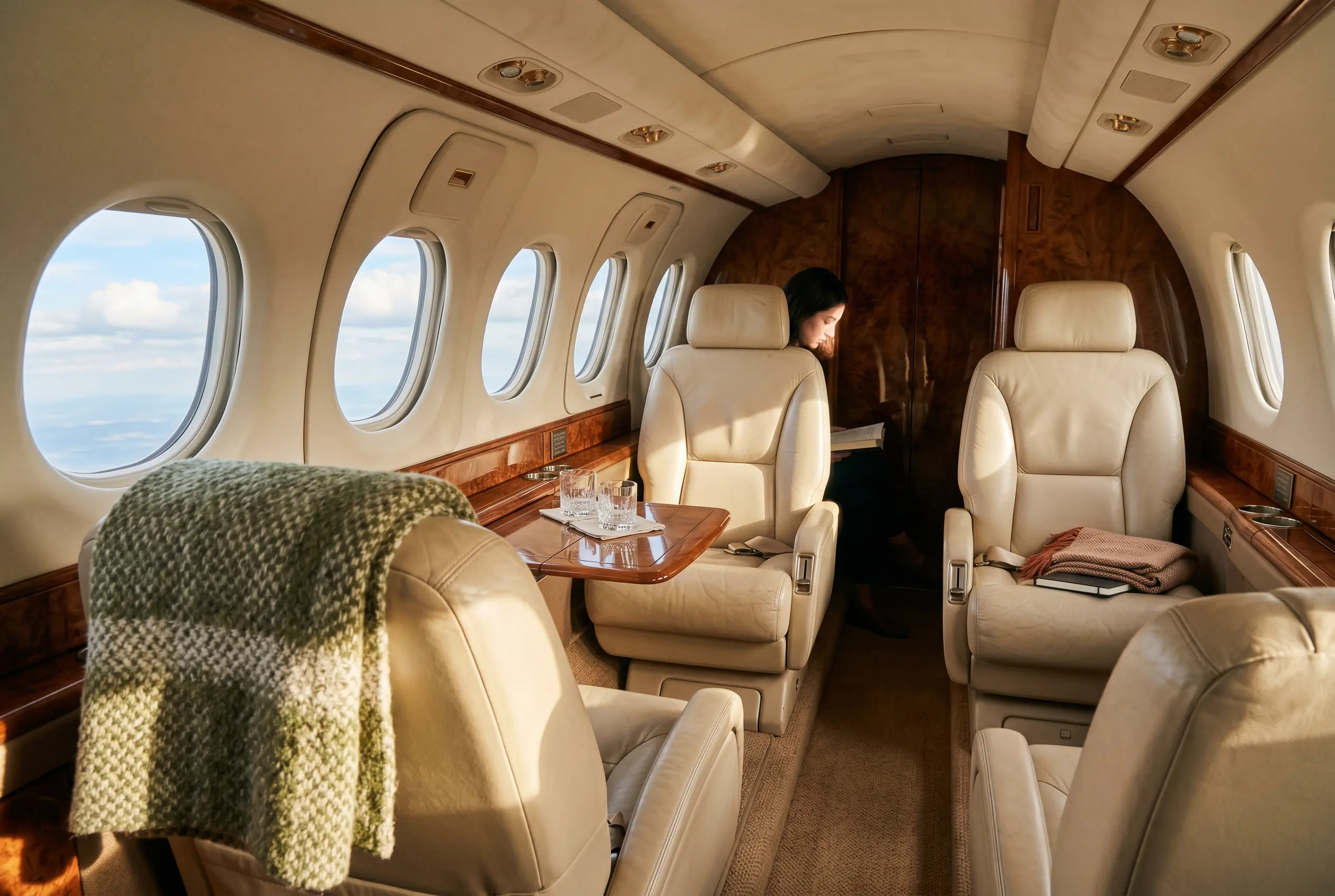 Turboprop cabin with four leather club seats and warm wood trim, sunlight falling across a folded blanket