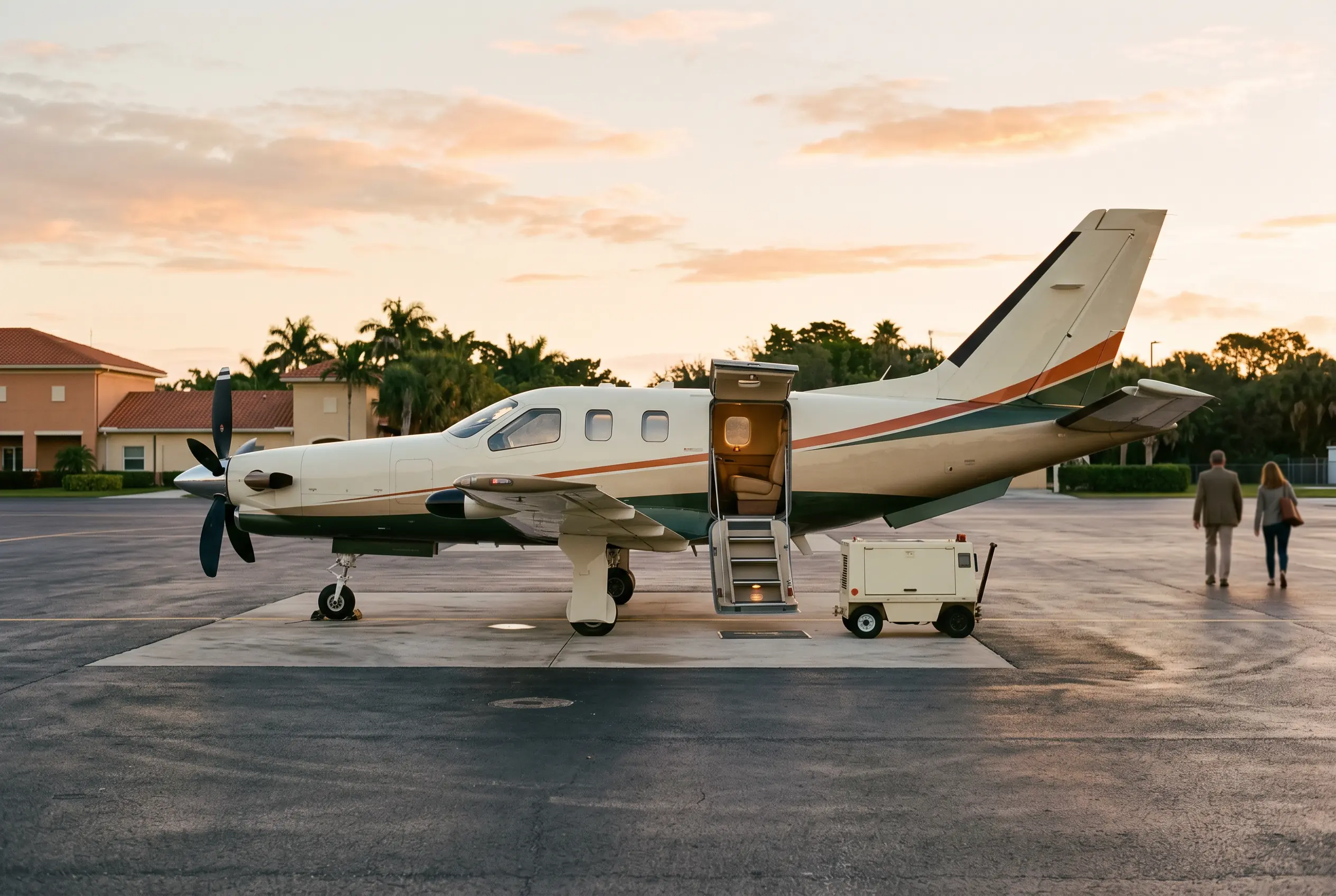 Turboprops Single-engine turboprop resting on a quiet Florida ramp at dawn, propeller still, air stairs waiting