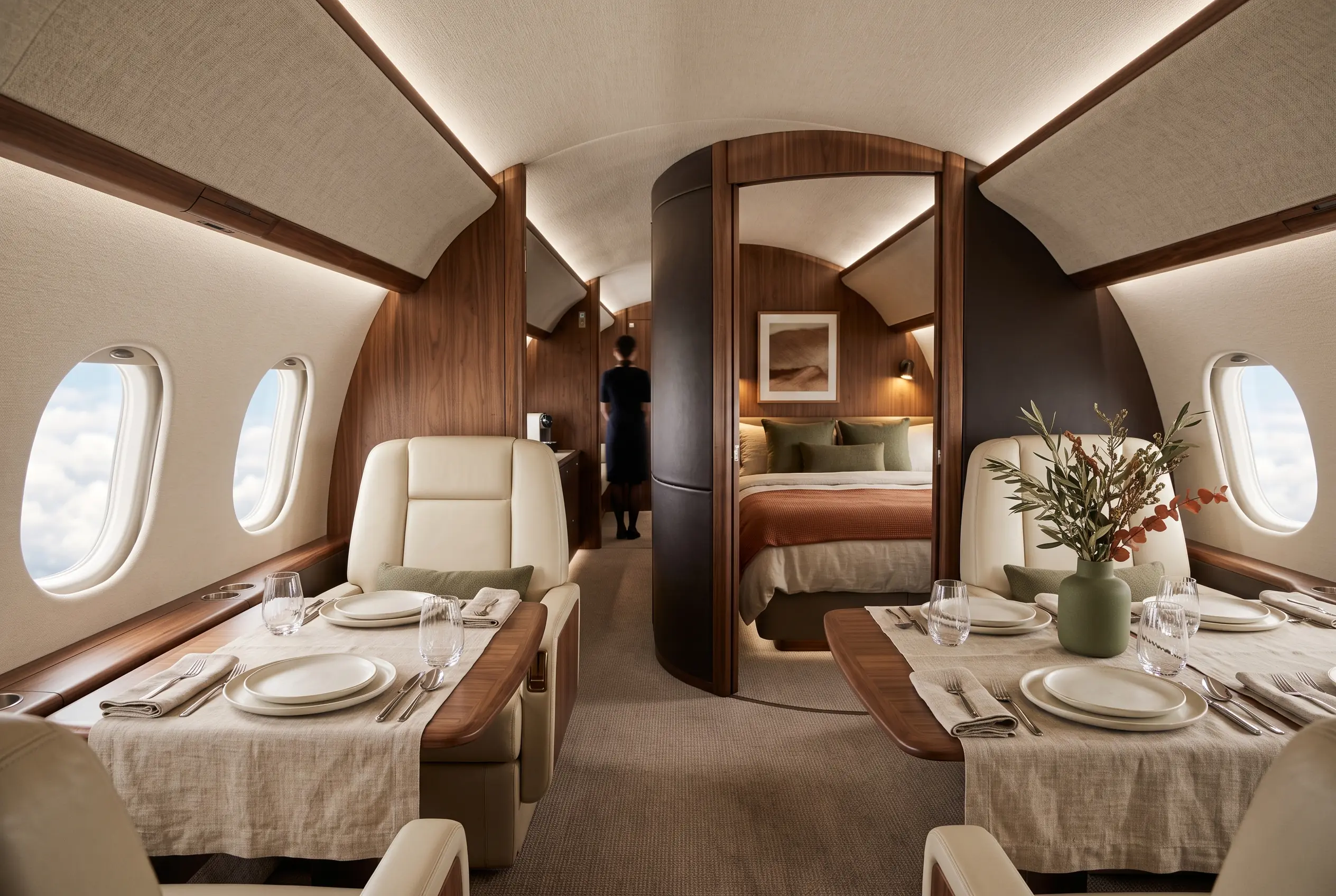Flagship jet cabin looking aft past a dining table set with linen toward a private stateroom