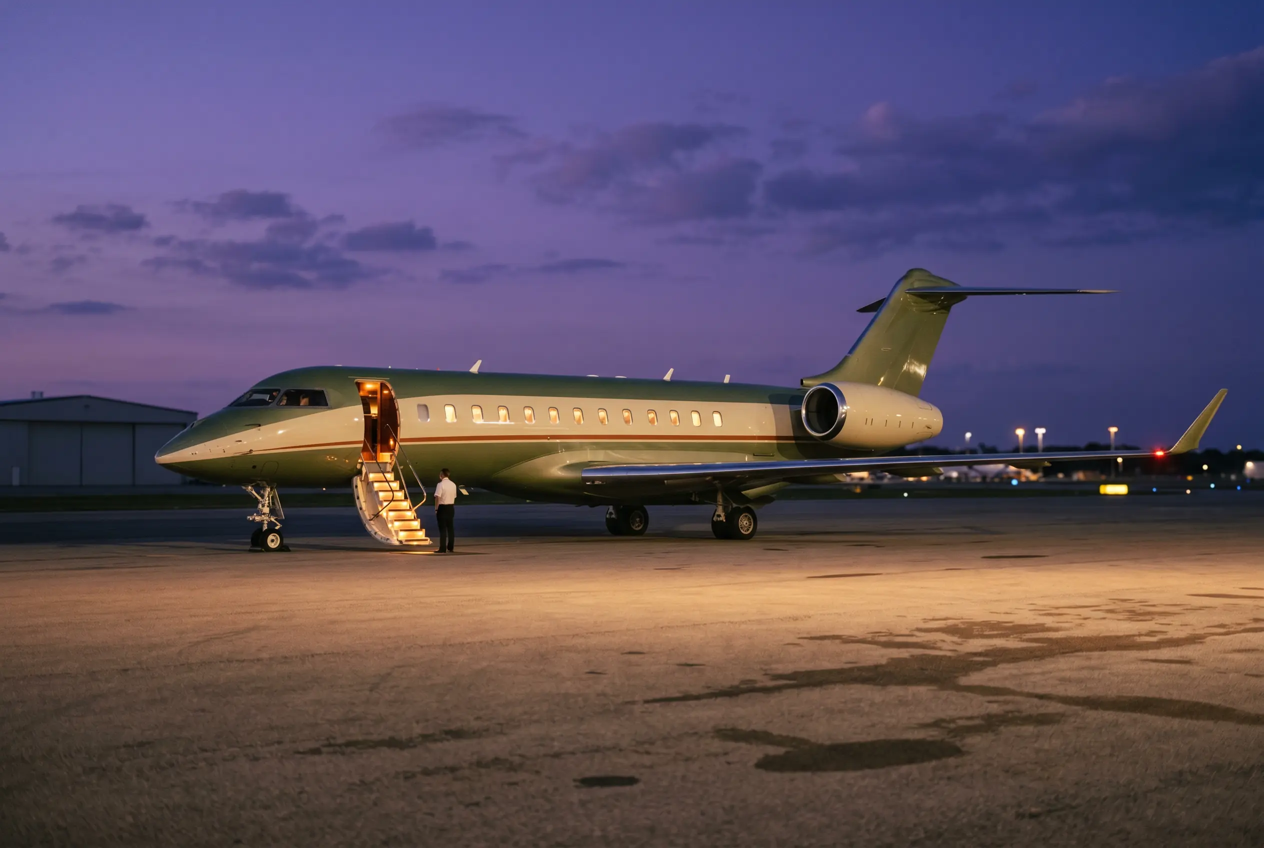 Ultra-Long-Range Jets Long-range jet under floodlights on the evening ramp, boarding steps lit against a violet sky