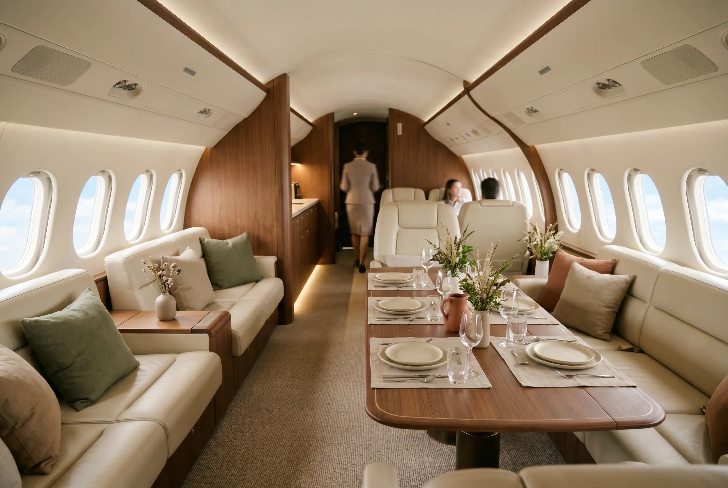 Private airliner lounge with facing cream sofas and a long table set for dinner down a wide aisle