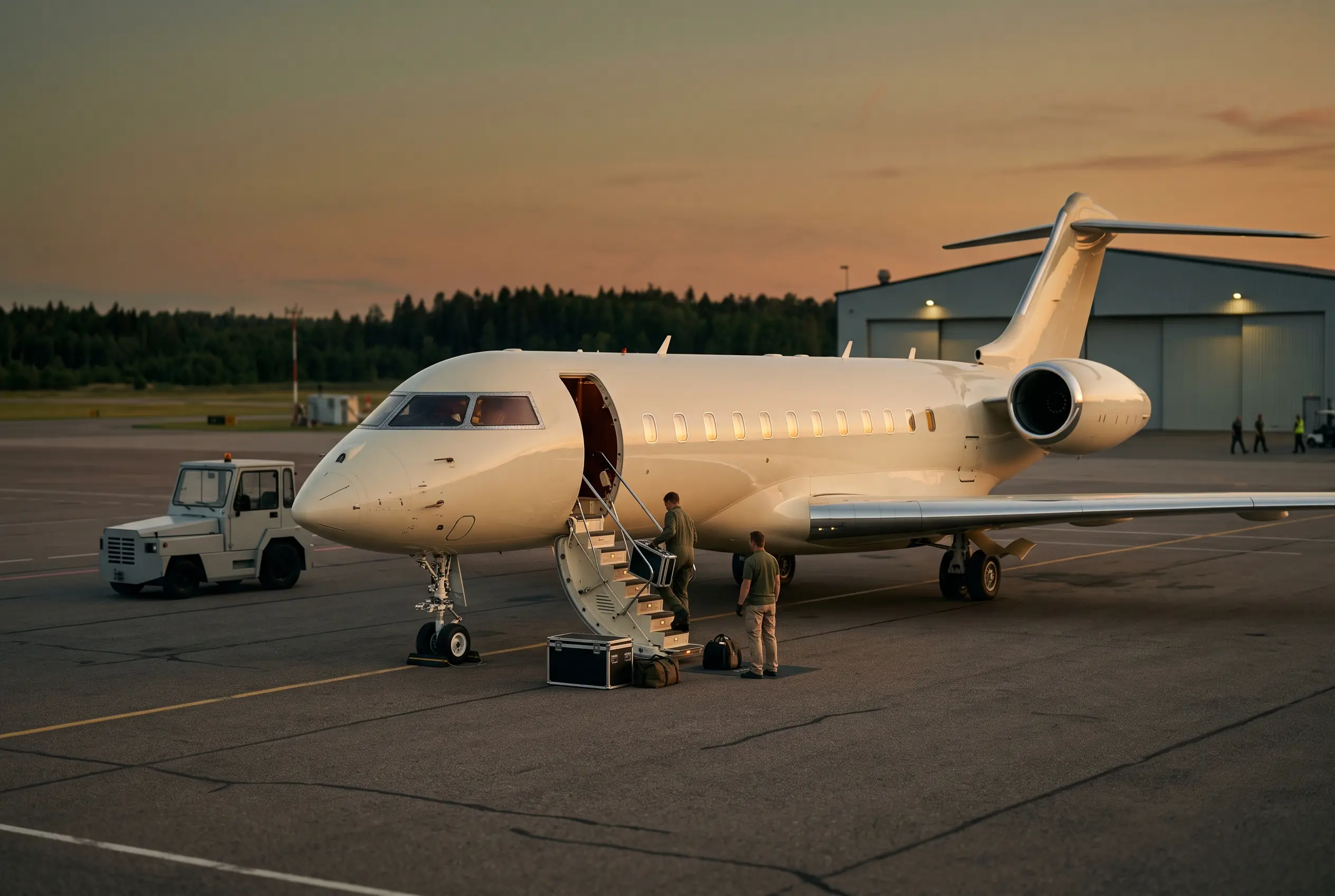 Private airliner parked at dusk with air stairs down and ground crew loading flight cases